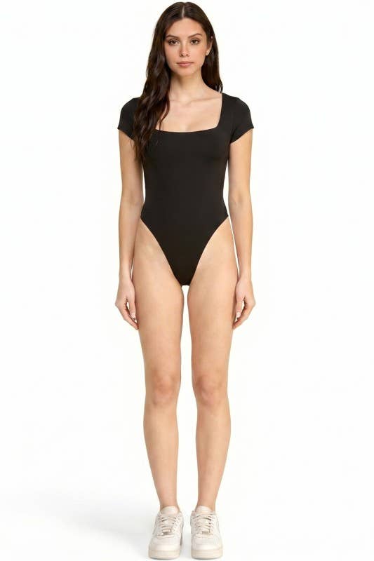 Square Neck Short Sleeve Bodysuit – Fitted Stretch Top: Black MIO WHOLESALE