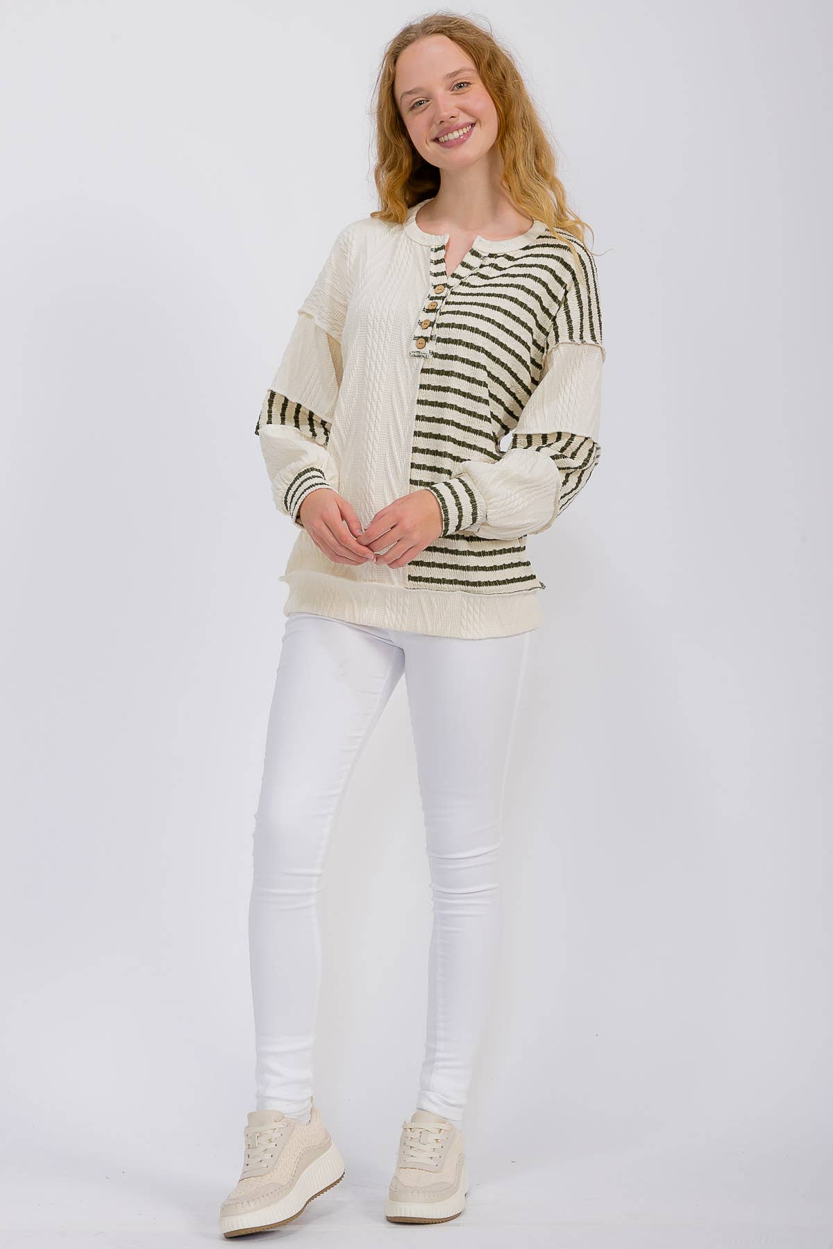 Stripe Cable Knit Patchwork Button Front Pullover Top Olive