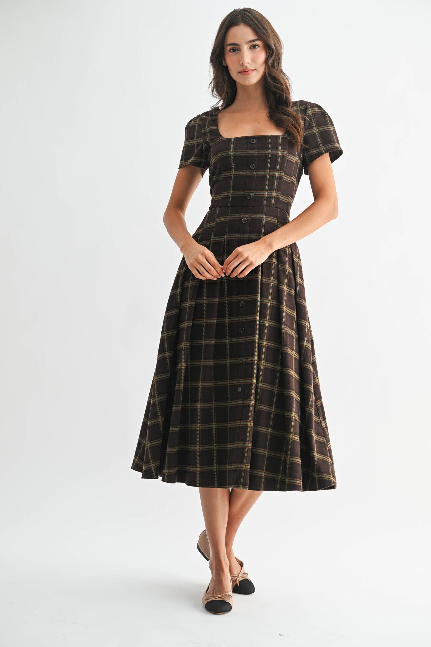 Plaid Button-Down Midi Dress: Brown