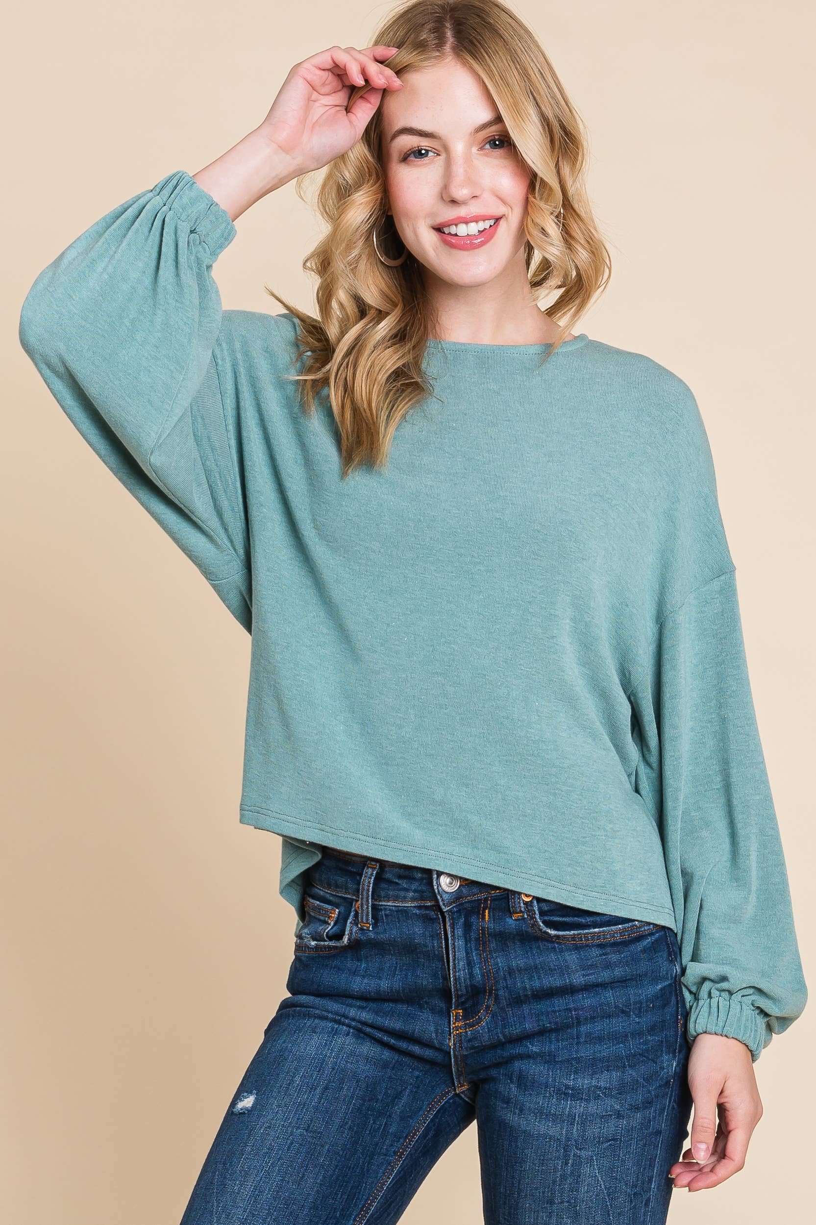 Sage Solid Ruched Back Casual Top
