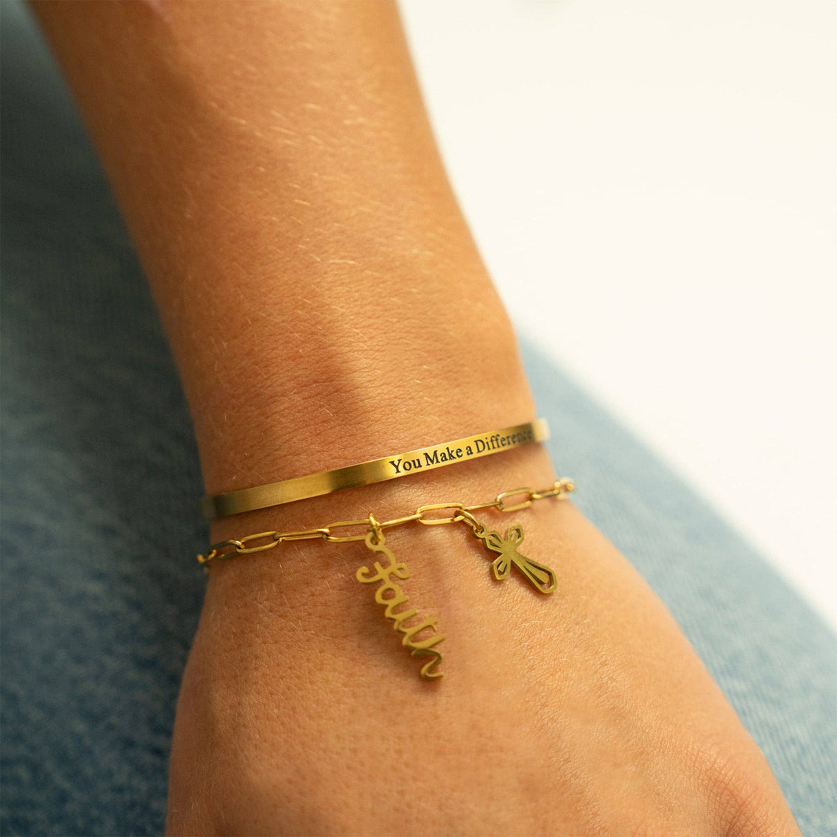 18K Gold PVD You Make a Difference Engraved Bangle Bracelet: Gold WJW