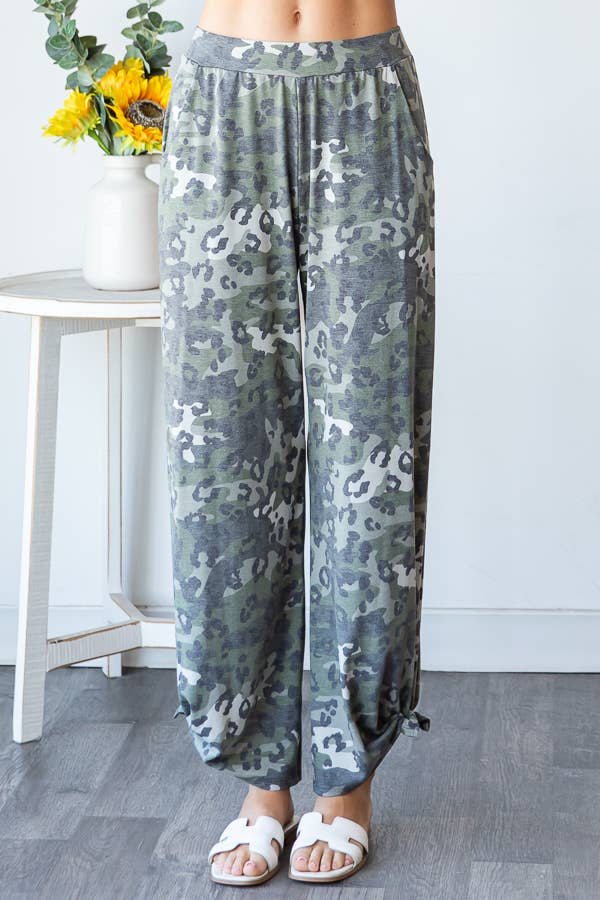 Leopard Camo Side Slit Ankle Tie Pants