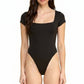 Square Neck Short Sleeve Bodysuit – Fitted Stretch Top: Black MIO WHOLESALE