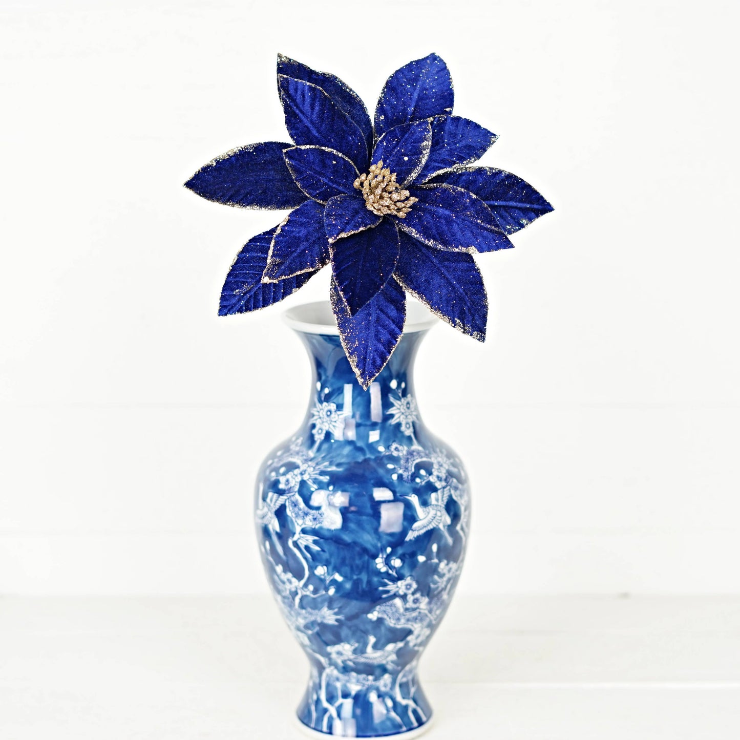 26Lx11D Fine Velvet Poinsettia w Glitter Edges-Blue