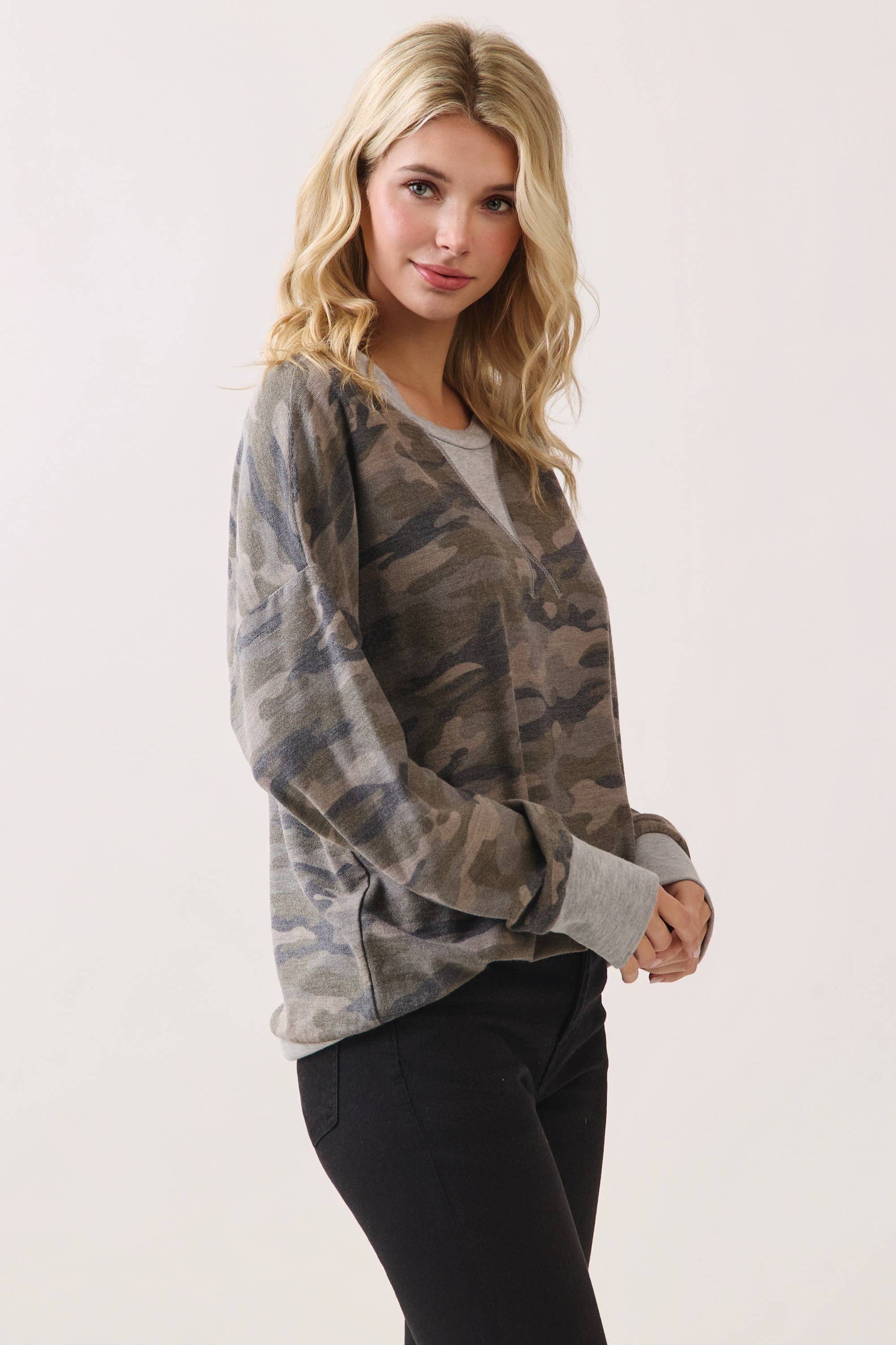 Camo Terry Knit Pullover Top Heather Grey/Camo