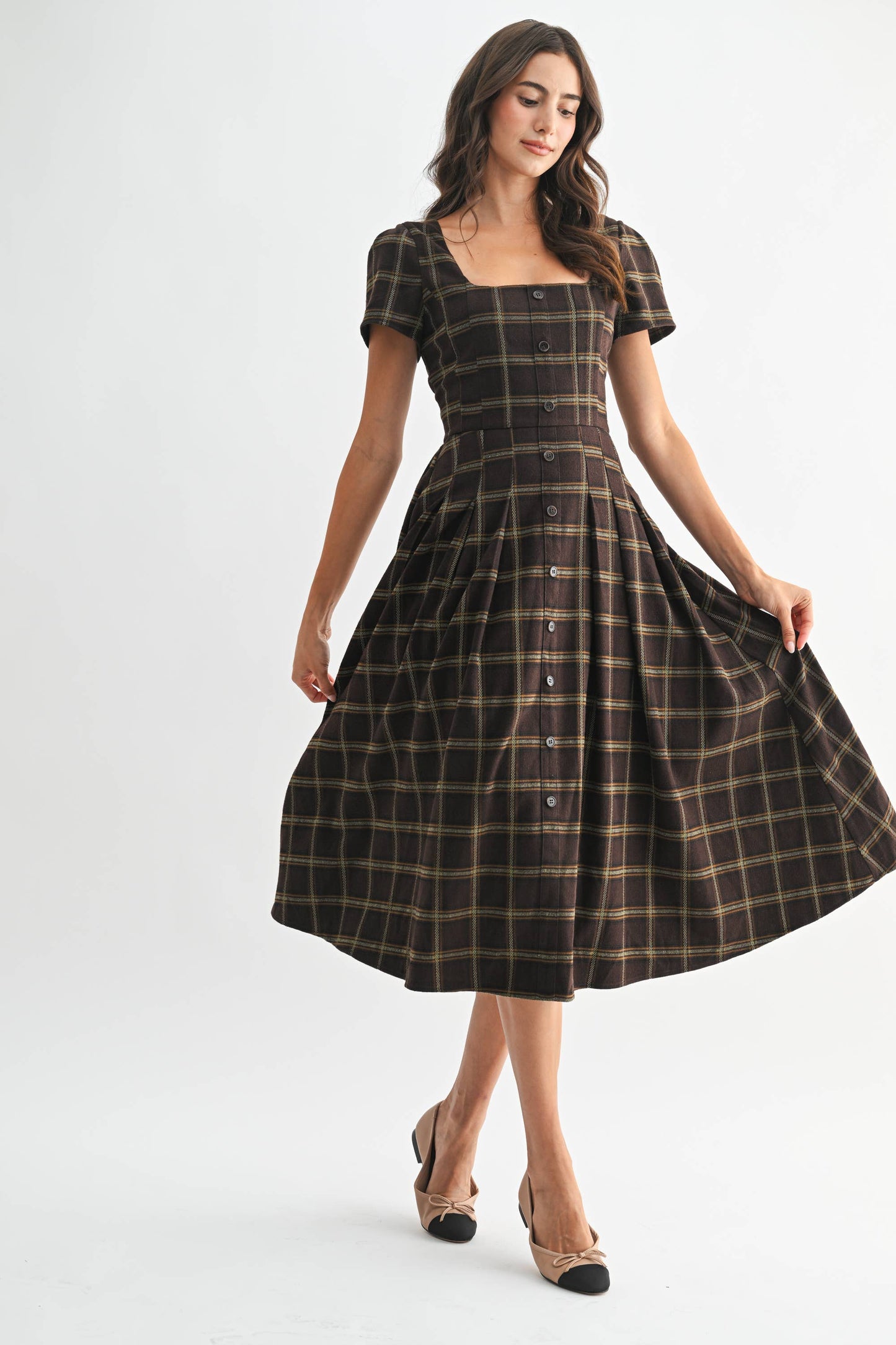 Plaid Button-Down Midi Dress: Brown