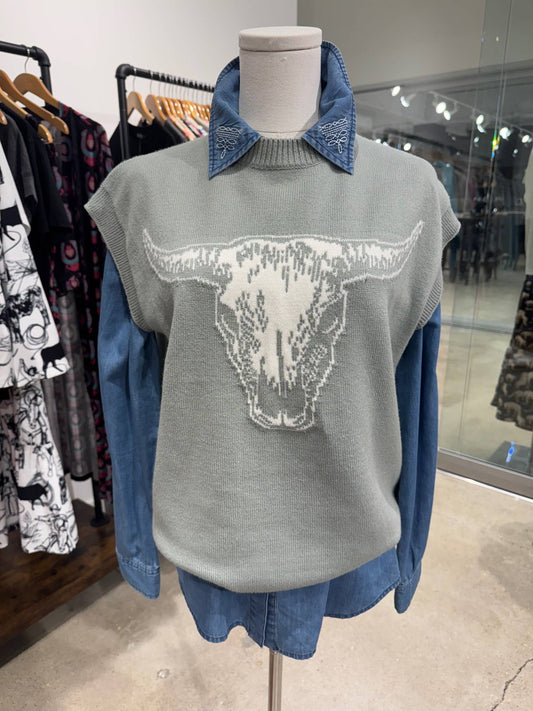 Sage skull western sweater vest top 2XL