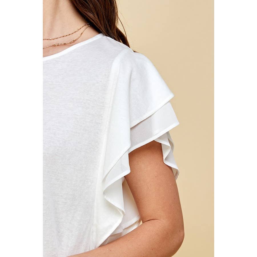 White Solid Round Neck Double Ruffle Cap Sleeve Top