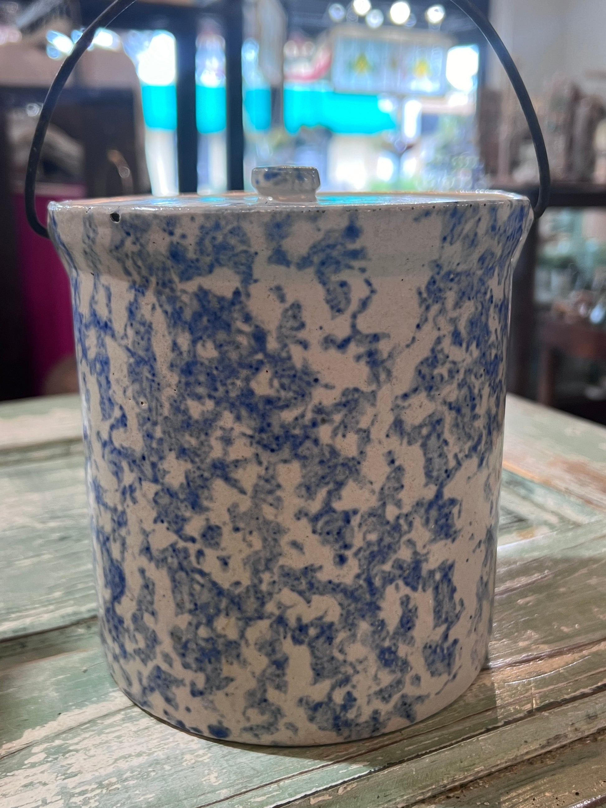 Antique Early Tall Blue White Spongeware Butter Pantry Crock w lid and handle