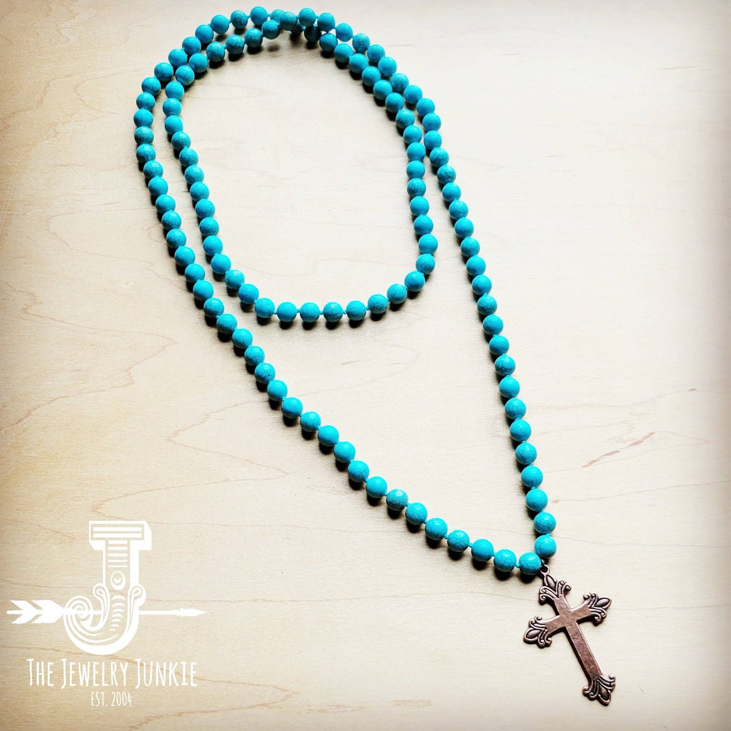 Long Turquoise Beaded Necklace w/ Copper Cross