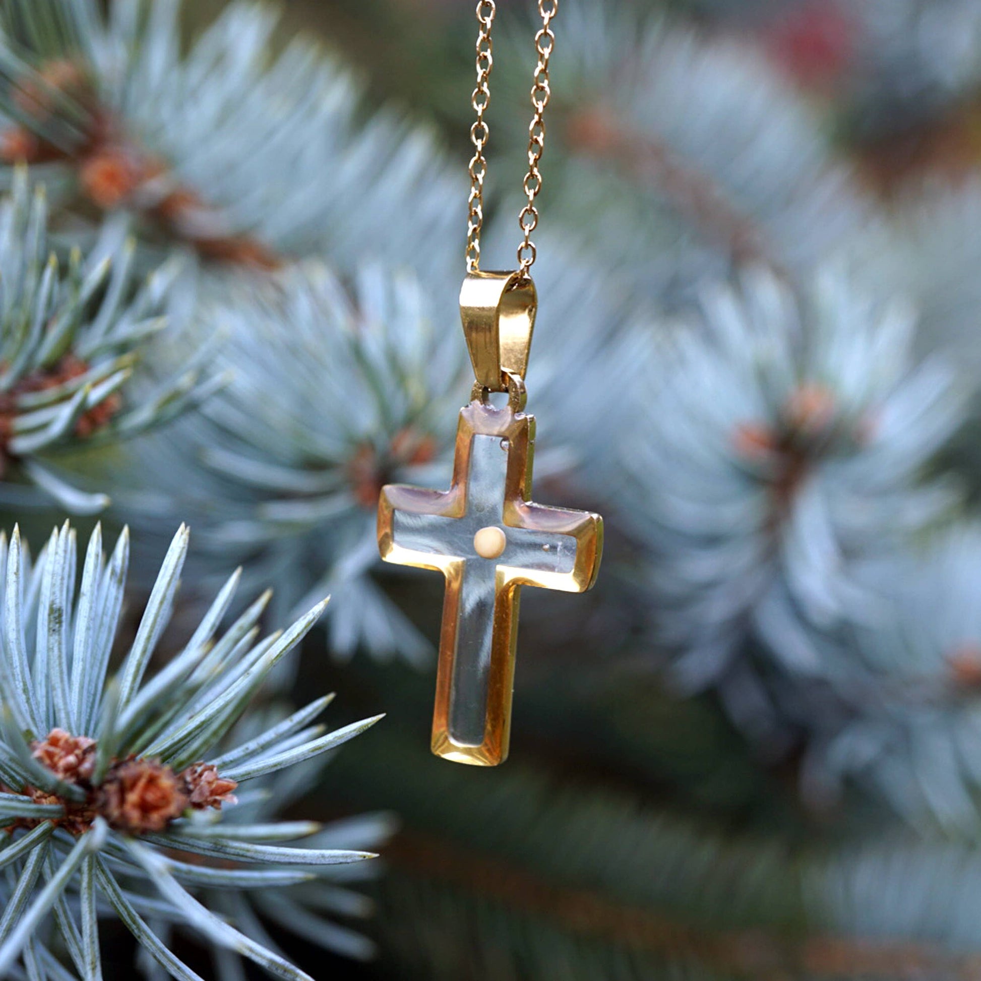 Cross Mustard Seed Necklace: Stainless Steel / 18" chain