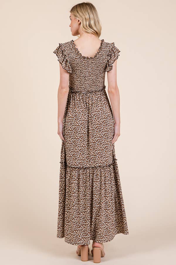 Leopard Ruffle Sleeve Tiered Maxi Dress