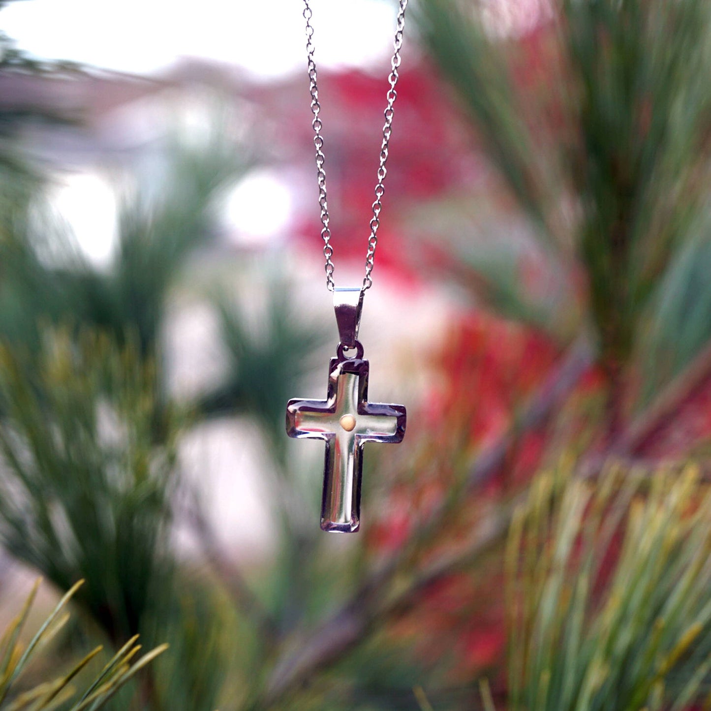 Cross Mustard Seed Necklace: Stainless Steel / 18" chain