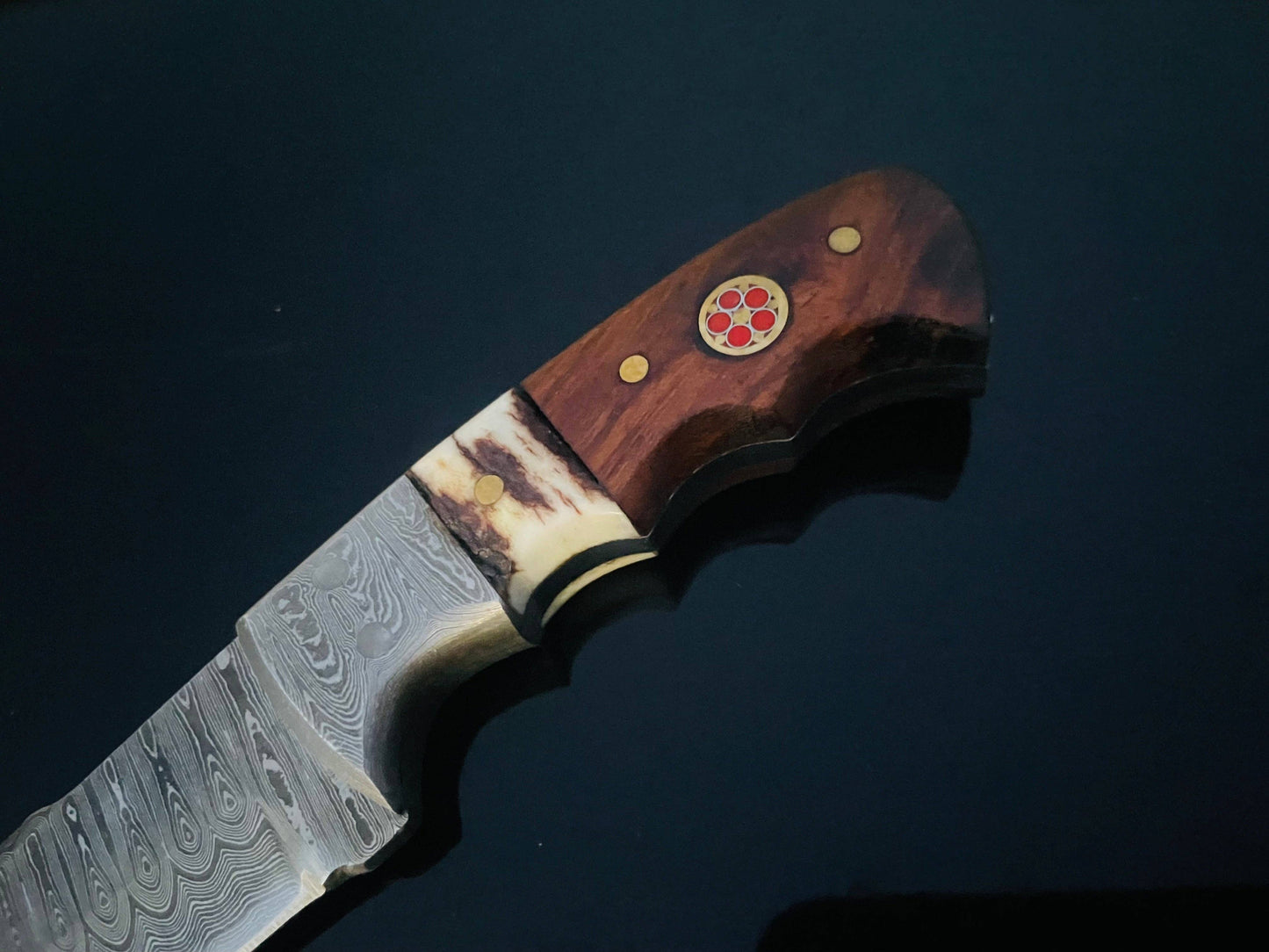 DAMASCUS STEEL FIXED BLADE KNIFE WITH WALNUT & STAG HORN HANDLE