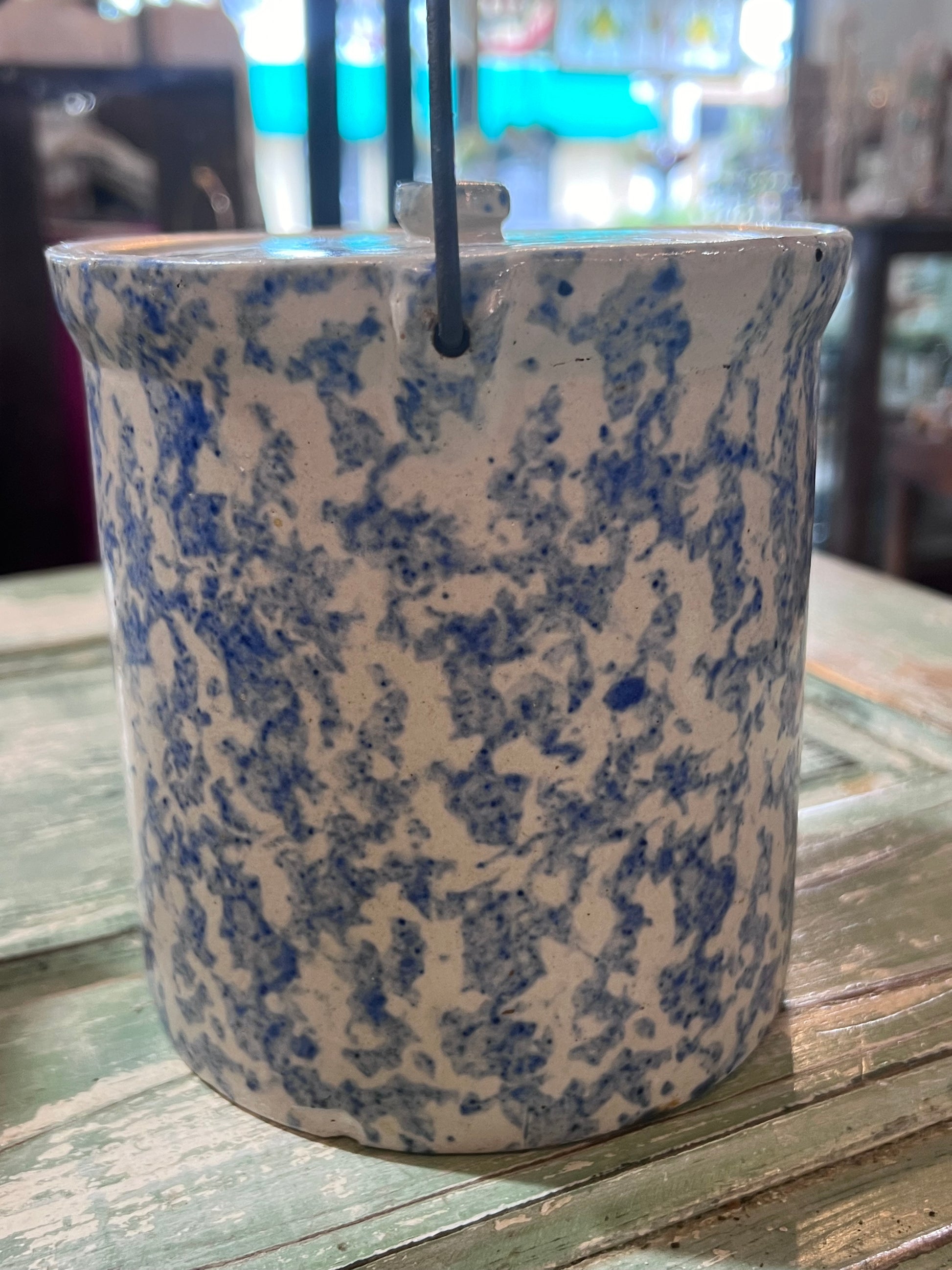 Antique Early Tall Blue White Spongeware Butter Pantry Crock w lid and handle