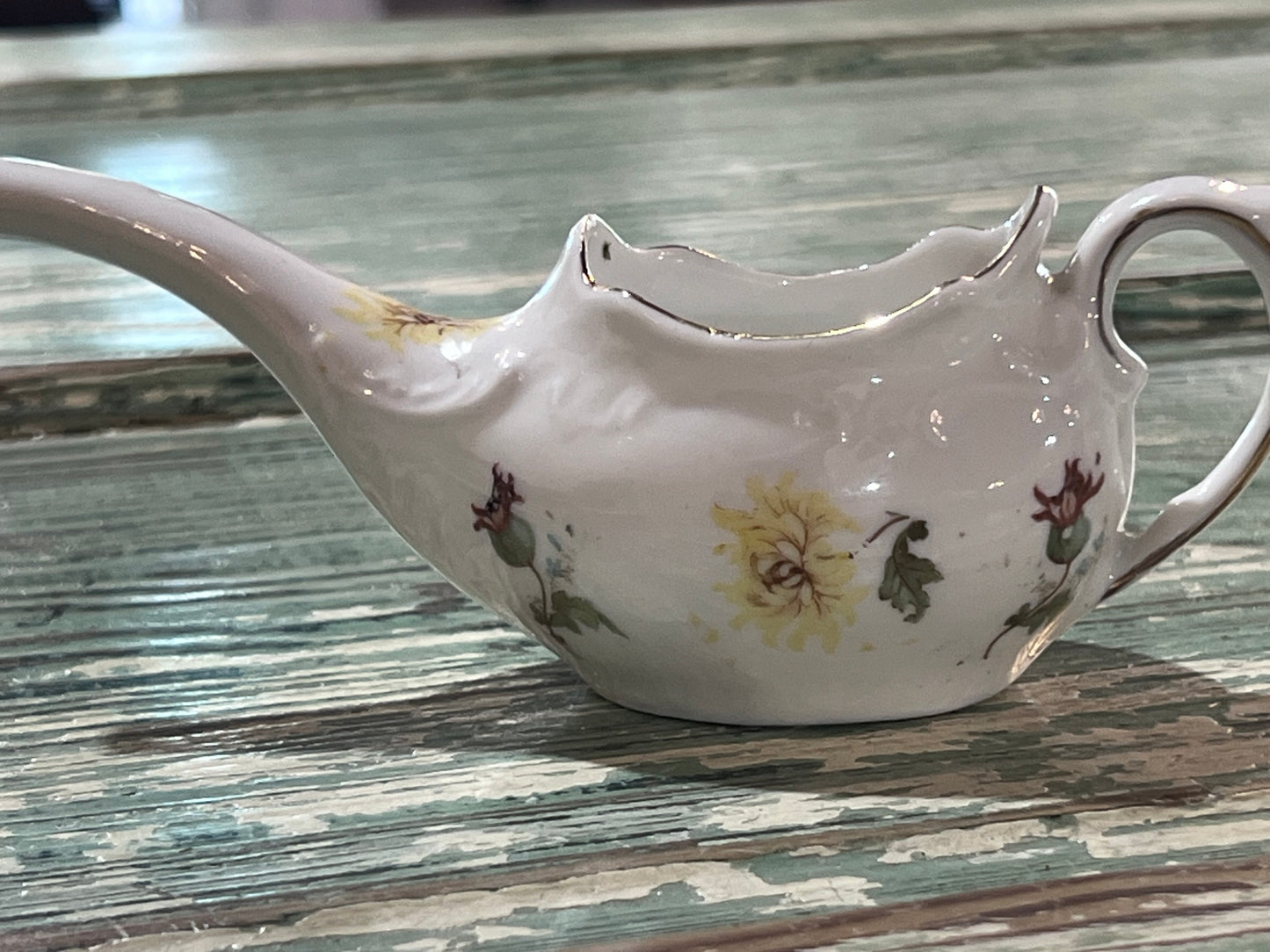Antique Baby Invalid Feeder Cup Yellow Blue Green Florals Porcelain