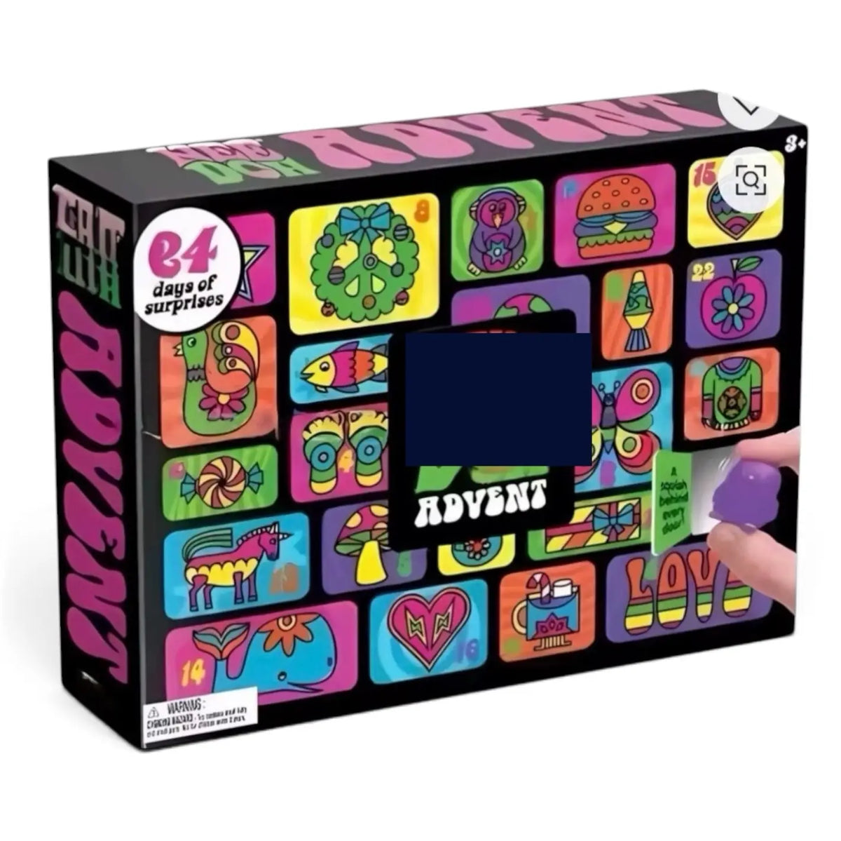 The 'The Advent of the Emoji Book' box, featuring a colorful grid of emoji faces and icons on a black background. A hand is shown holding a small purple emoji card next to the box opening.