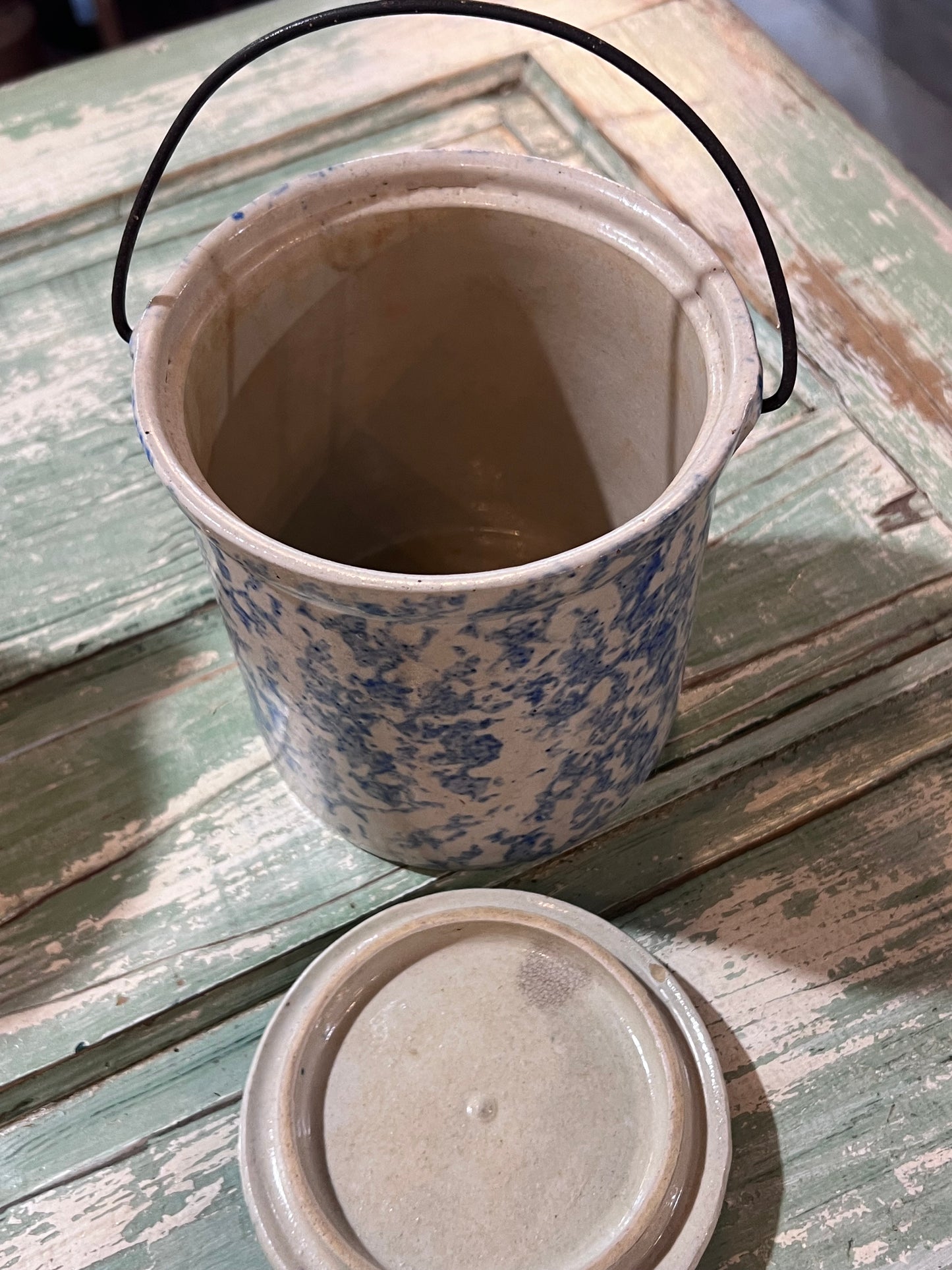 Antique Early Tall Blue White Spongeware Butter Pantry Crock w lid and handle