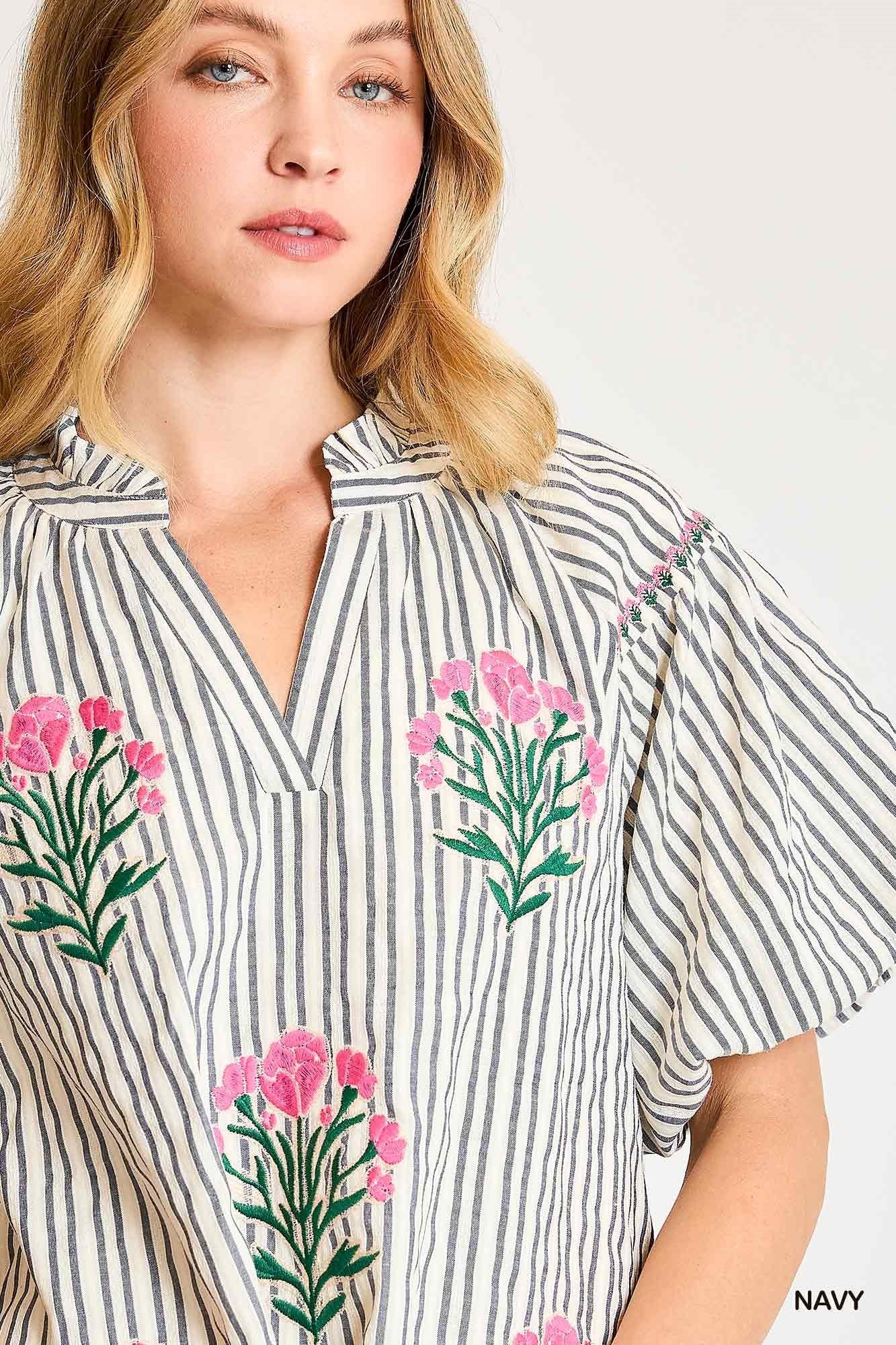 Striped Puff Sleeve Embroidered Dress