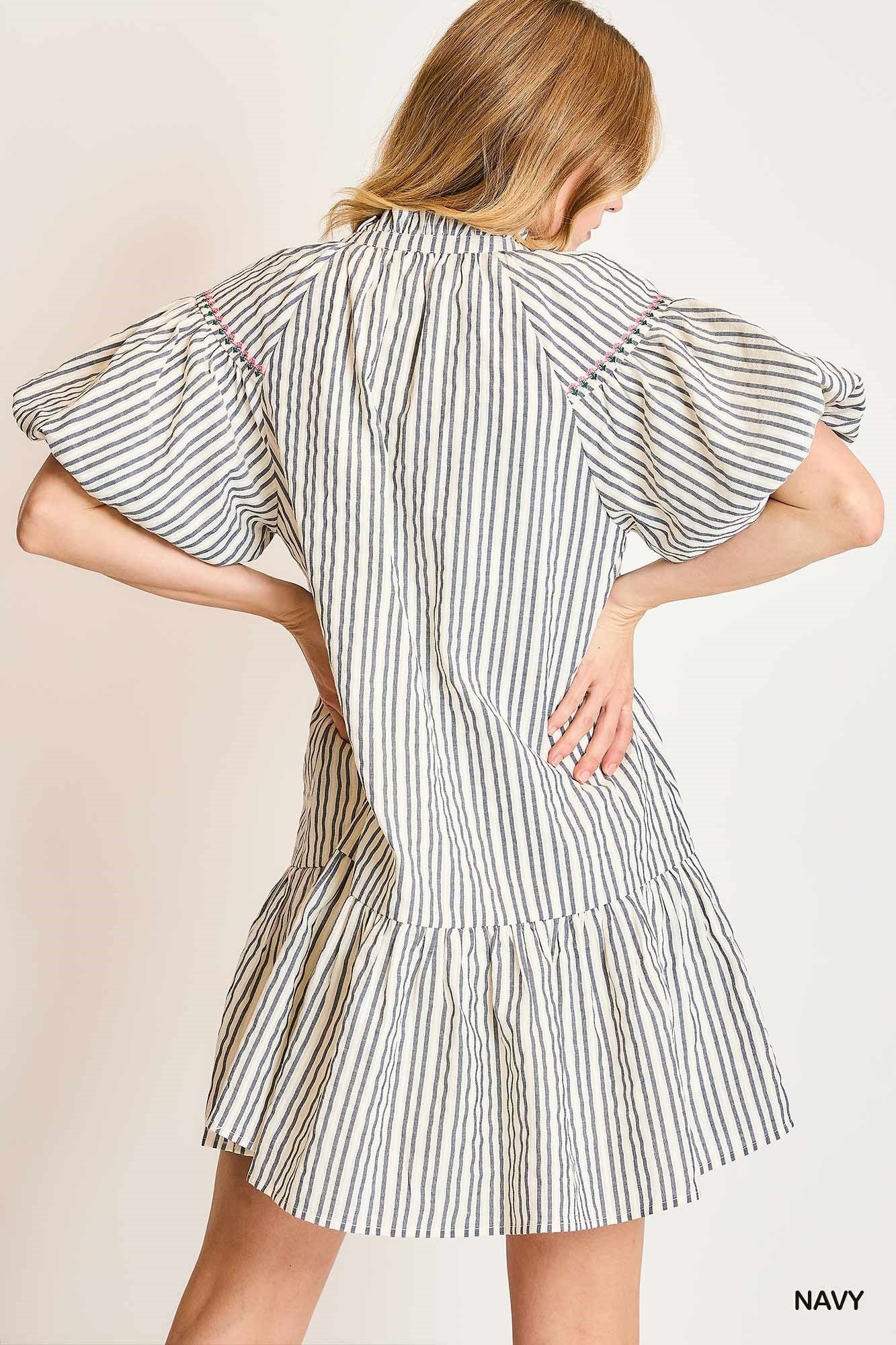 Striped Puff Sleeve Embroidered Dress