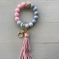 Soft Pink and Grey Marble Silicone Wristlet Beaded Key Chain Bracelet with Tassel and Motivational Engraved Acrylic Charm of choice!