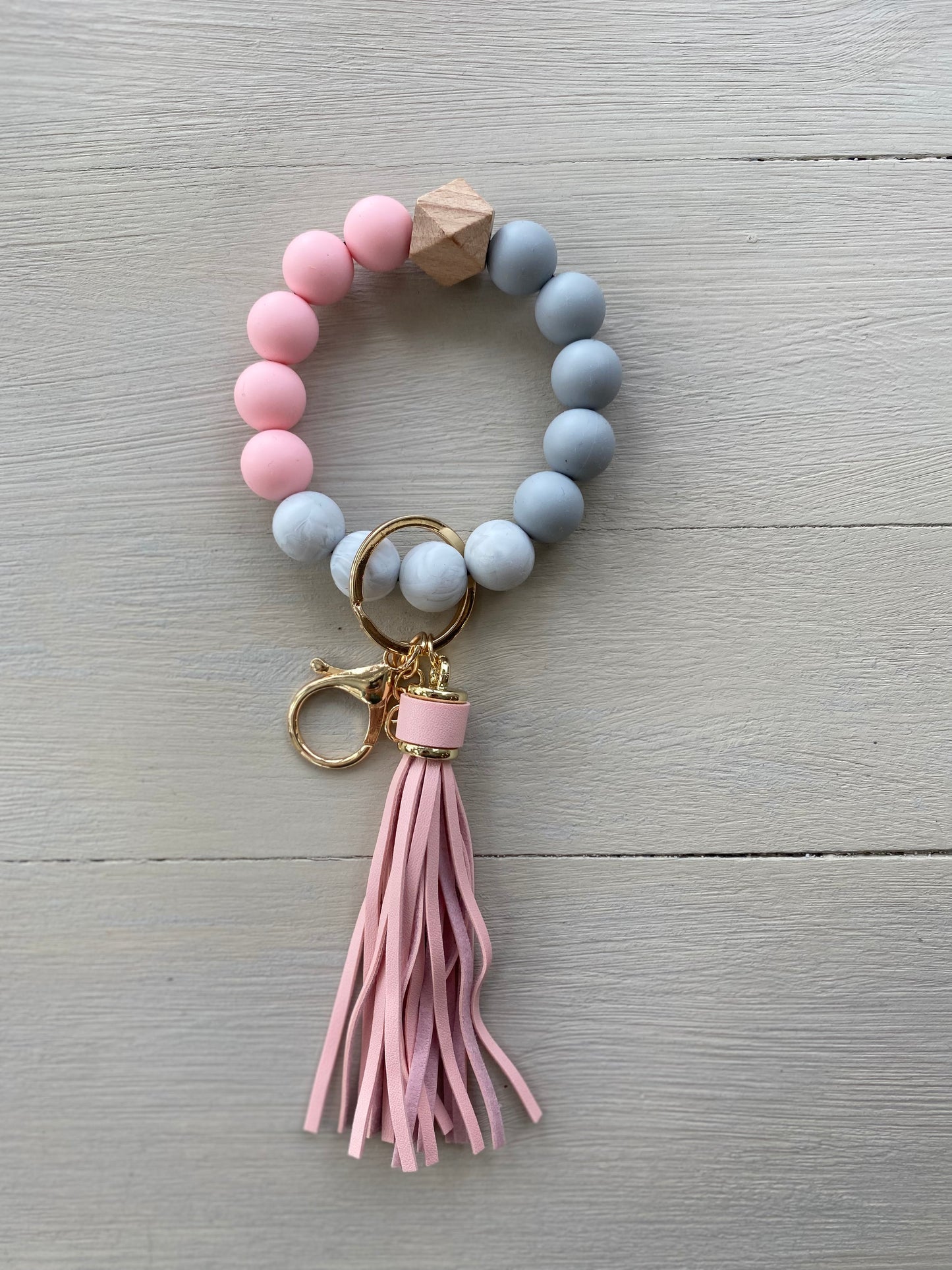 Soft Pink and Grey Marble Silicone Wristlet Beaded Key Chain Bracelet with Tassel and Motivational Engraved Acrylic Charm of choice!