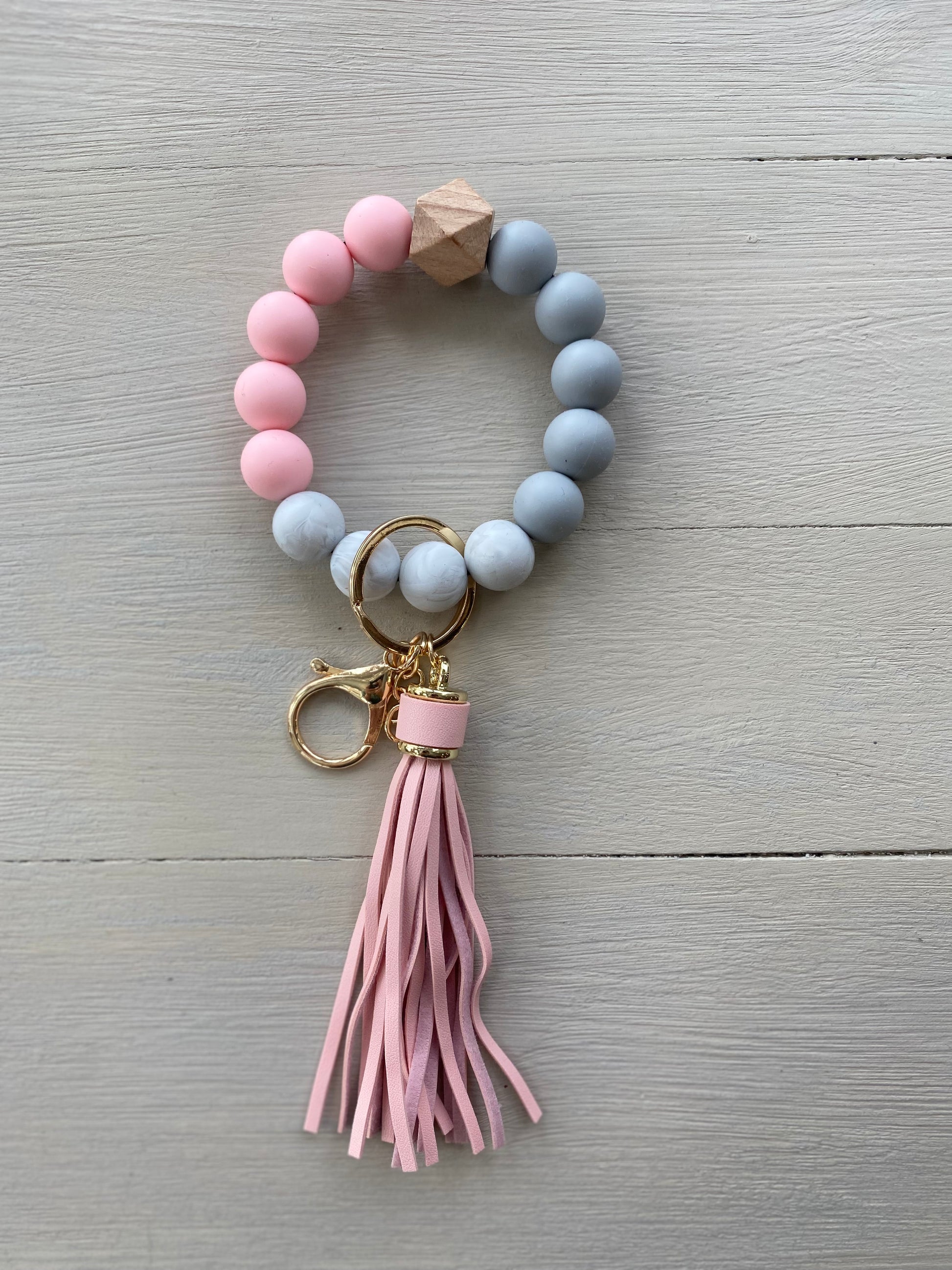 Soft Pink and Grey Marble Silicone Wristlet Beaded Key Chain Bracelet with Tassel and Motivational Engraved Acrylic Charm of choice!