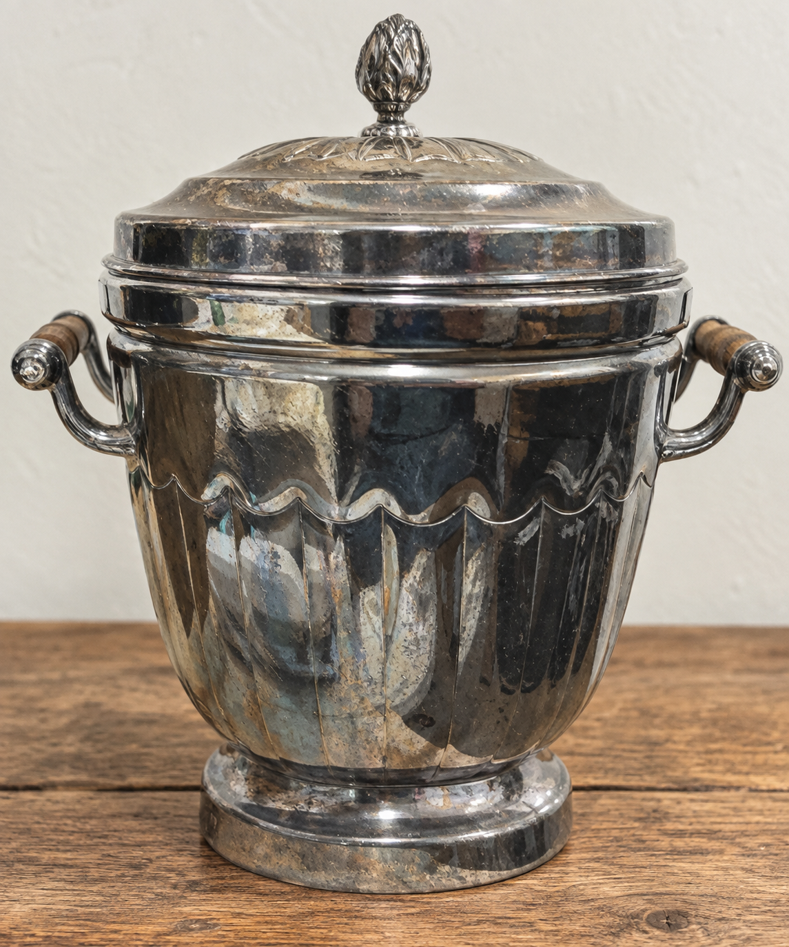 Vintage Silver Plate Covered Ice Bucket with Wooden Handles haven hospice