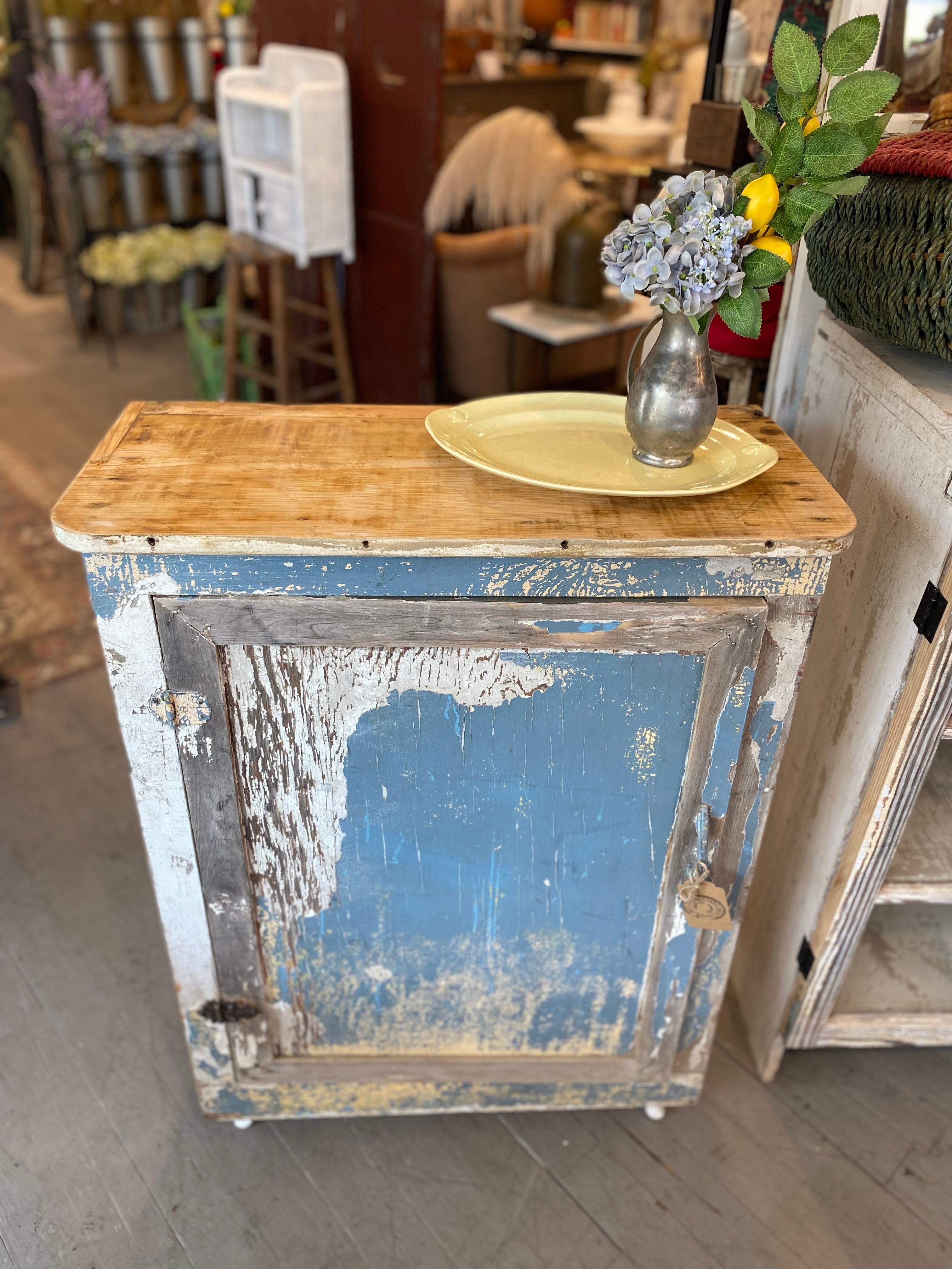 Antique 1 Door Primitive Cupboard Blue & White Chippy The Mustard Seed Collection, The Seed