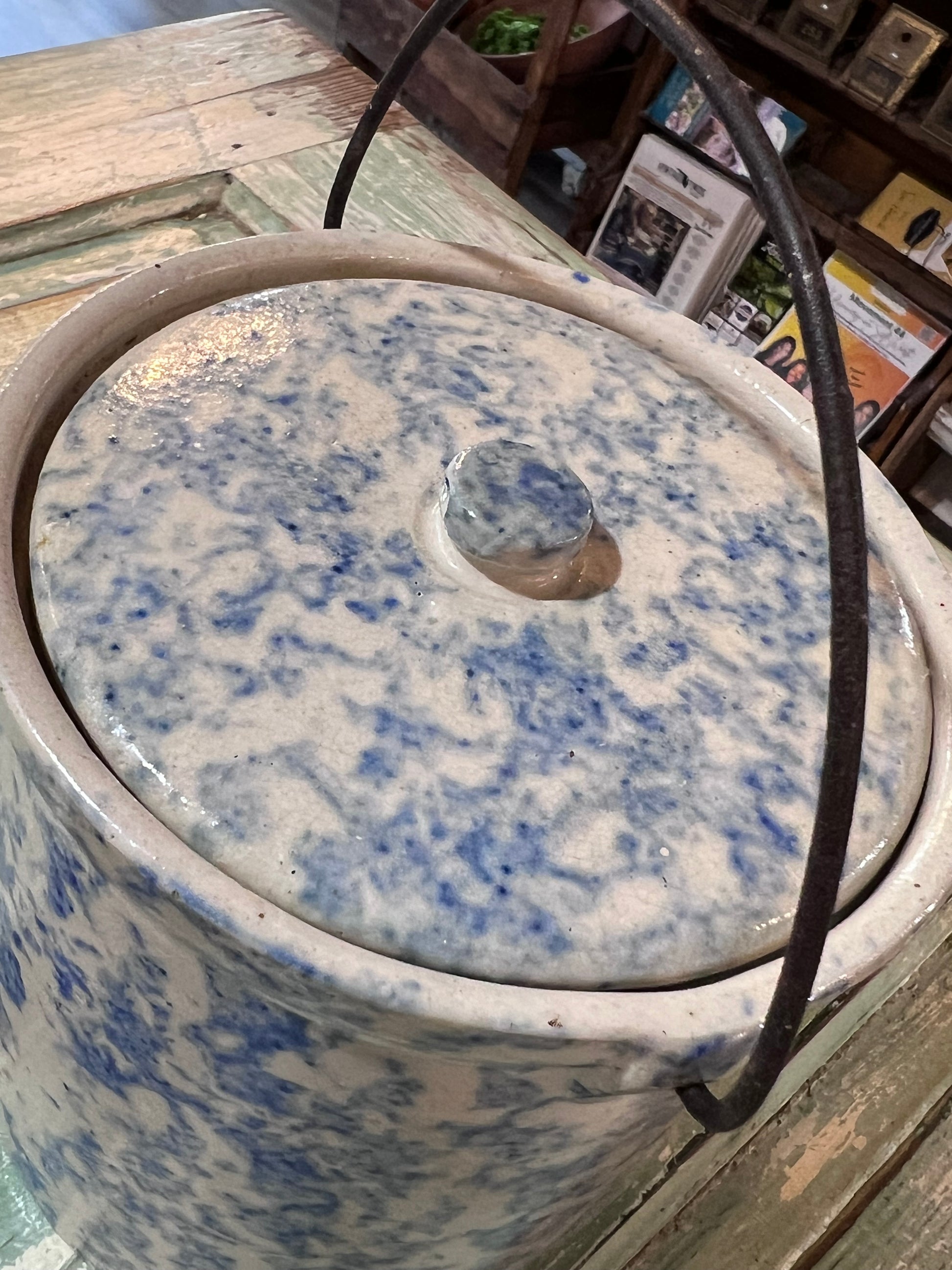 Antique Early Tall Blue White Spongeware Butter Pantry Crock w lid and handle