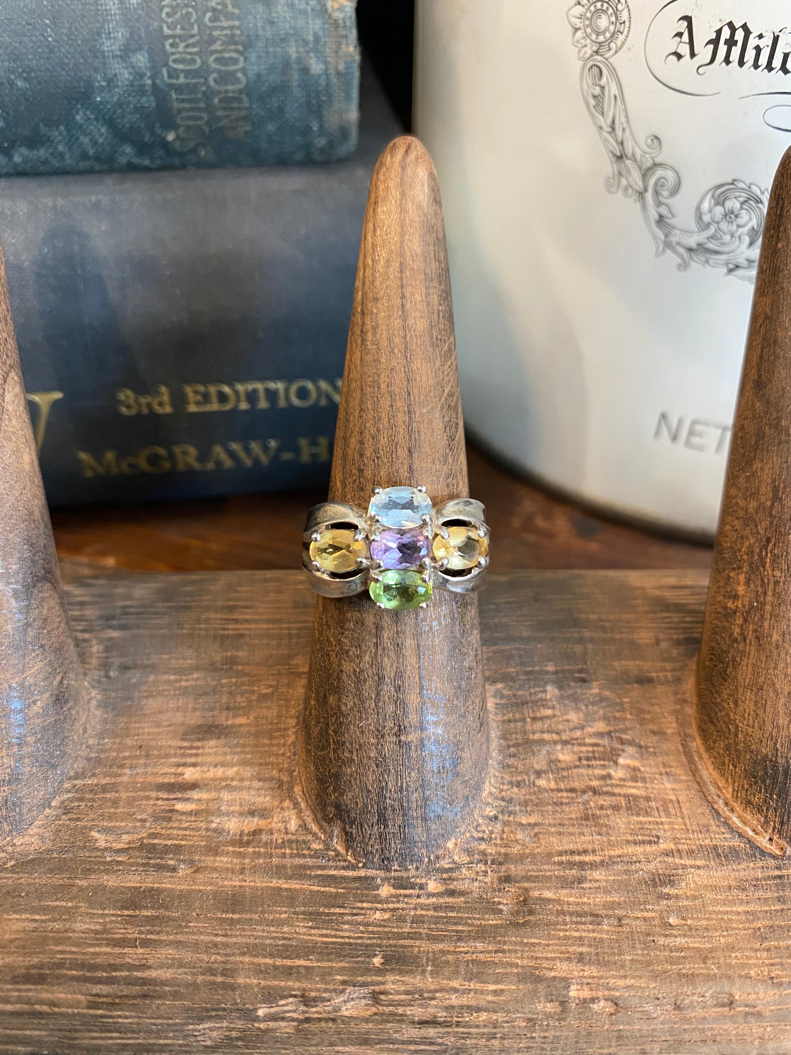 Vintage Designer Multi Gemstone Sterling Ring The Mustard Seed Collection, The Seed