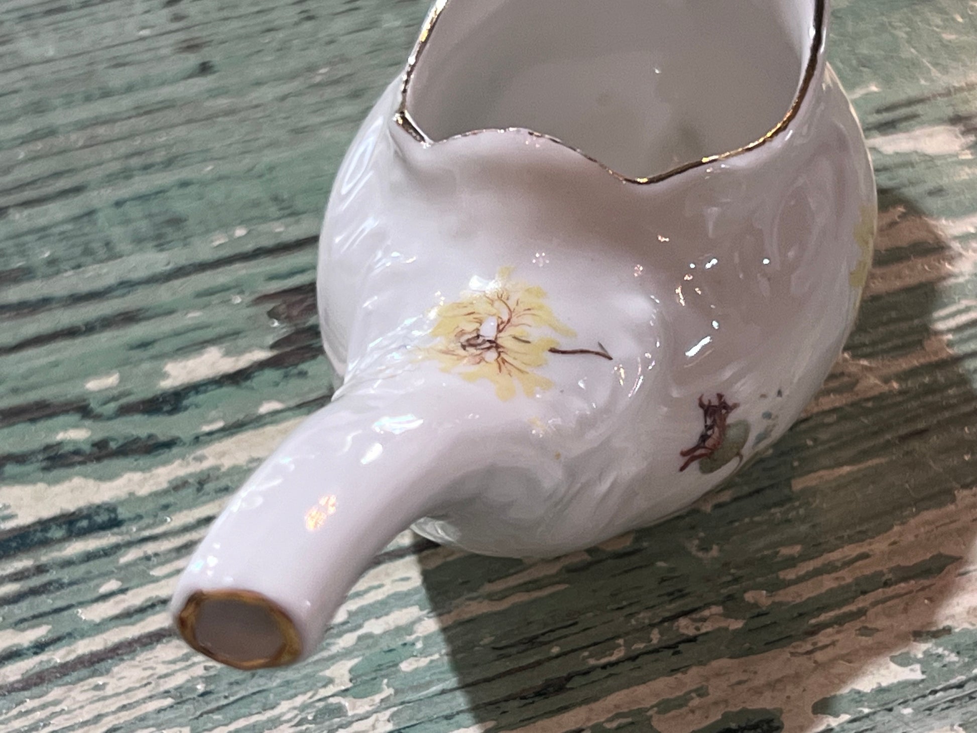 Antique Baby Invalid Feeder Cup Yellow Blue Green Florals Porcelain
