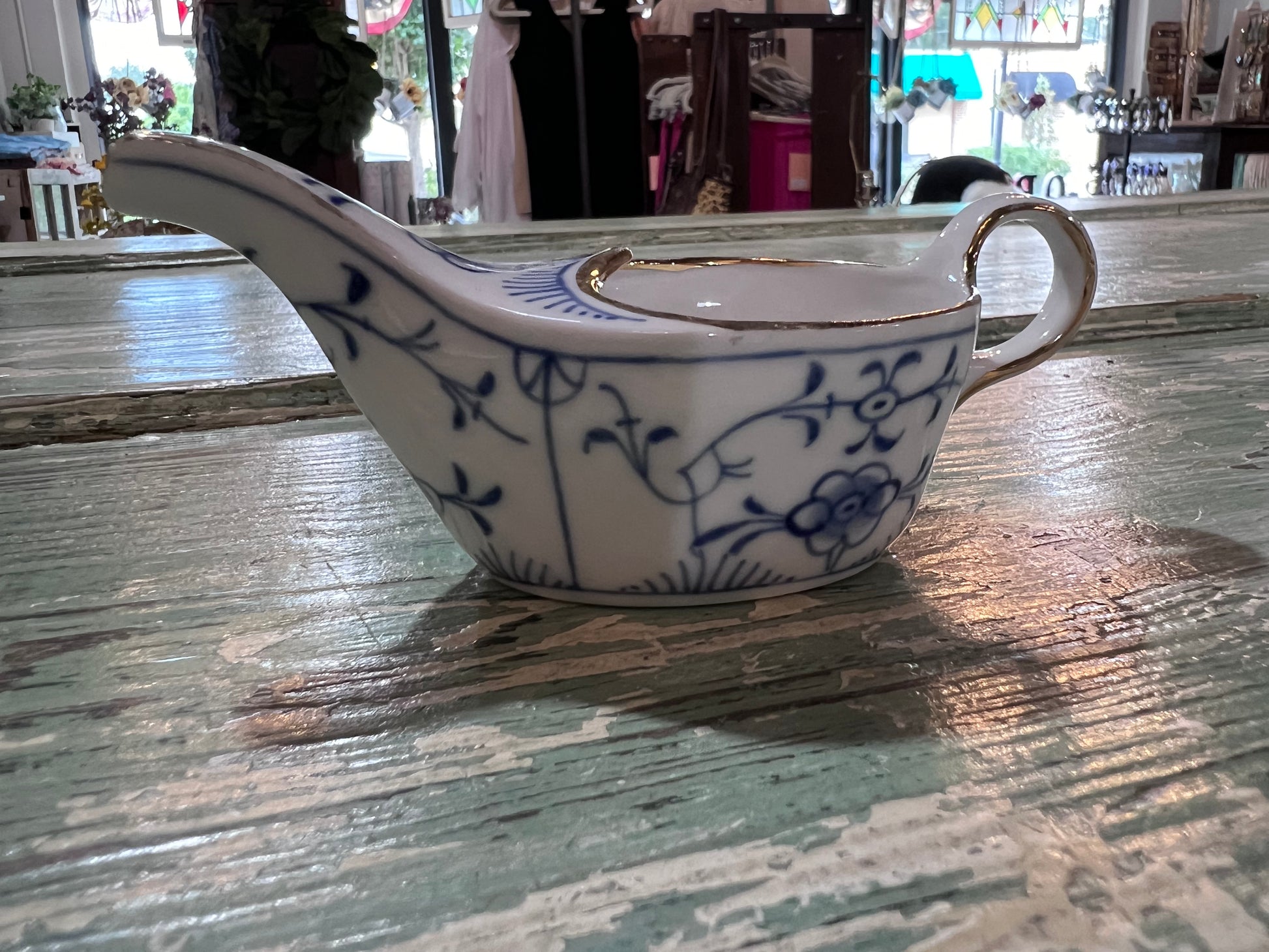 Antique Baby Invalid Feeder Cup Gold Rimmed Blue Florals Porcelain Made in Germany WT&O