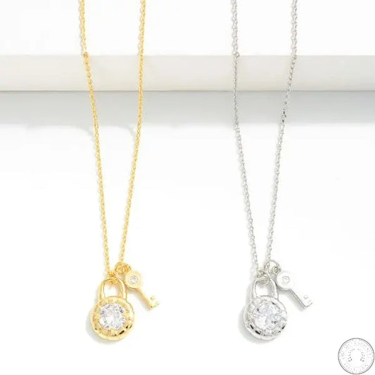 Dainty Chain Link Necklace Featuring Lock and Key With Cubic Zirconia Accent