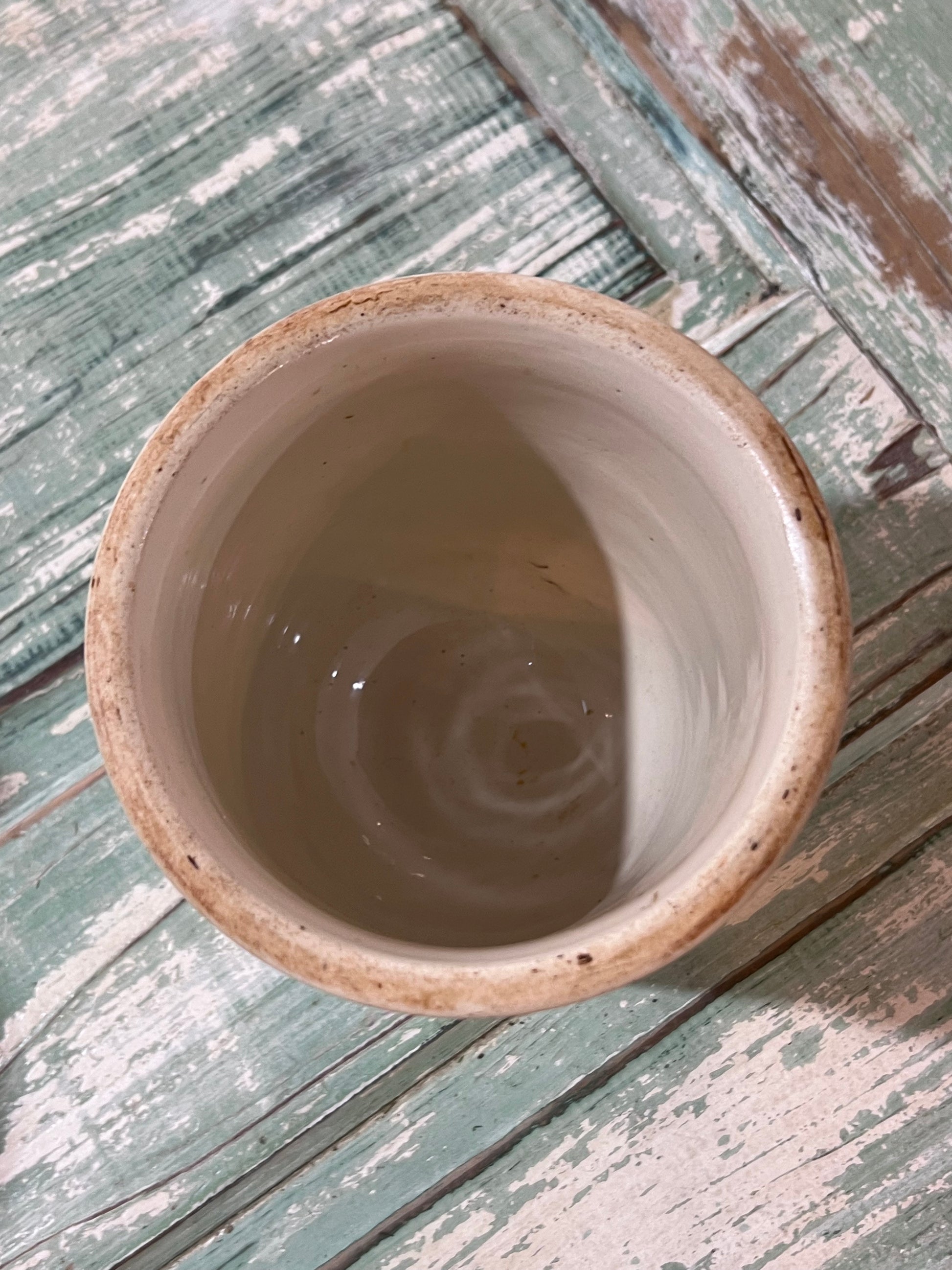 Vintage Glazed Grain Sack Light Blue Striped Butter Crock