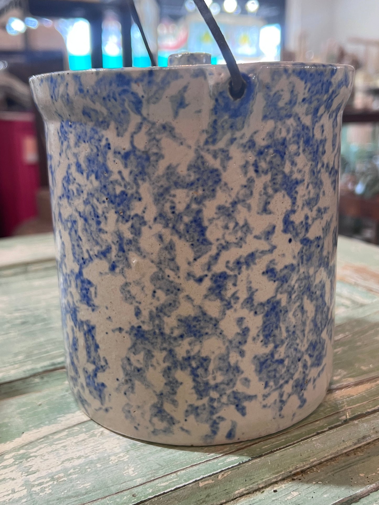 Antique Early Tall Blue White Spongeware Butter Pantry Crock w lid and handle