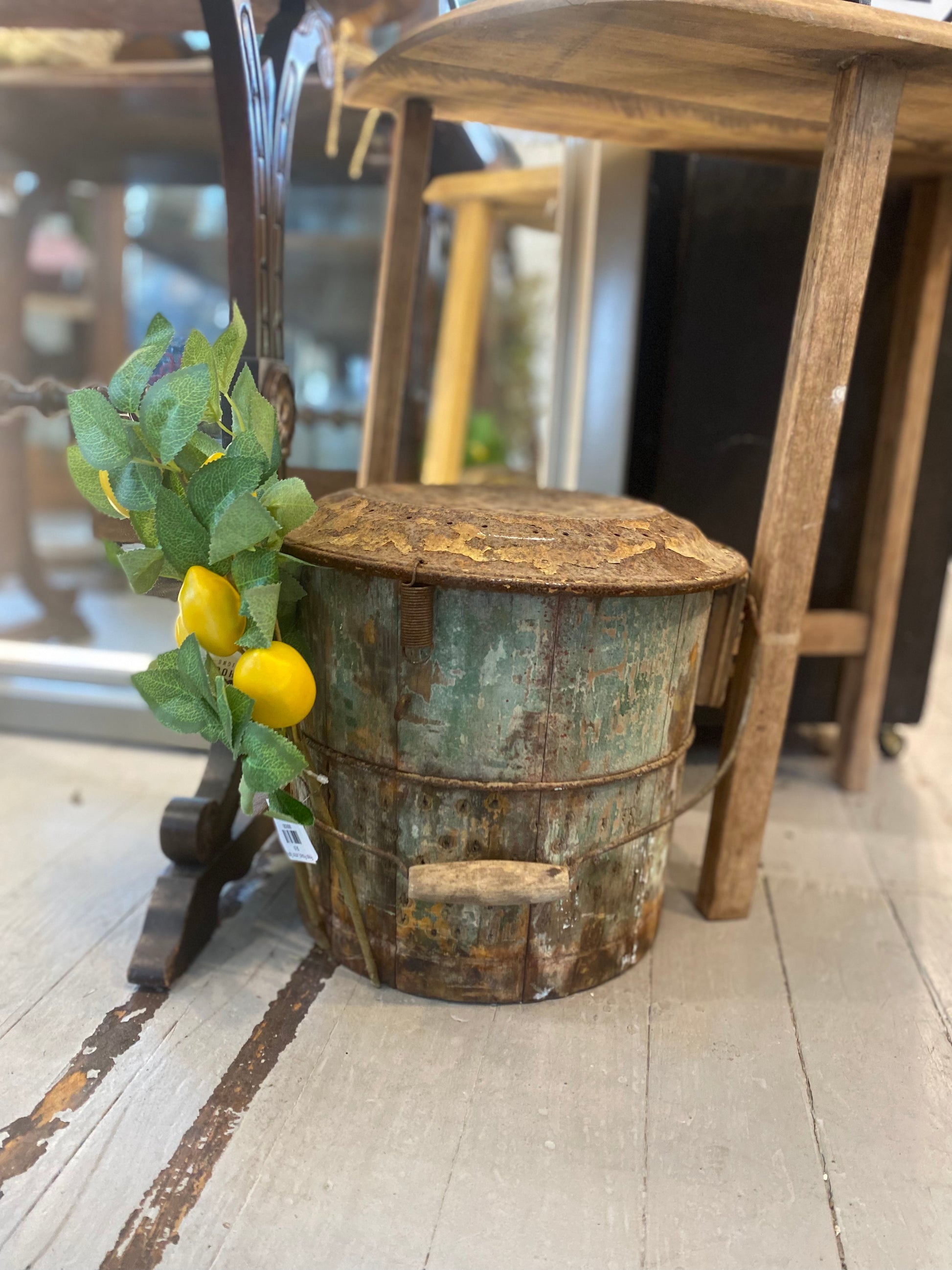 Antique Primitive Wooden Bait Bucket with Metal Lid
