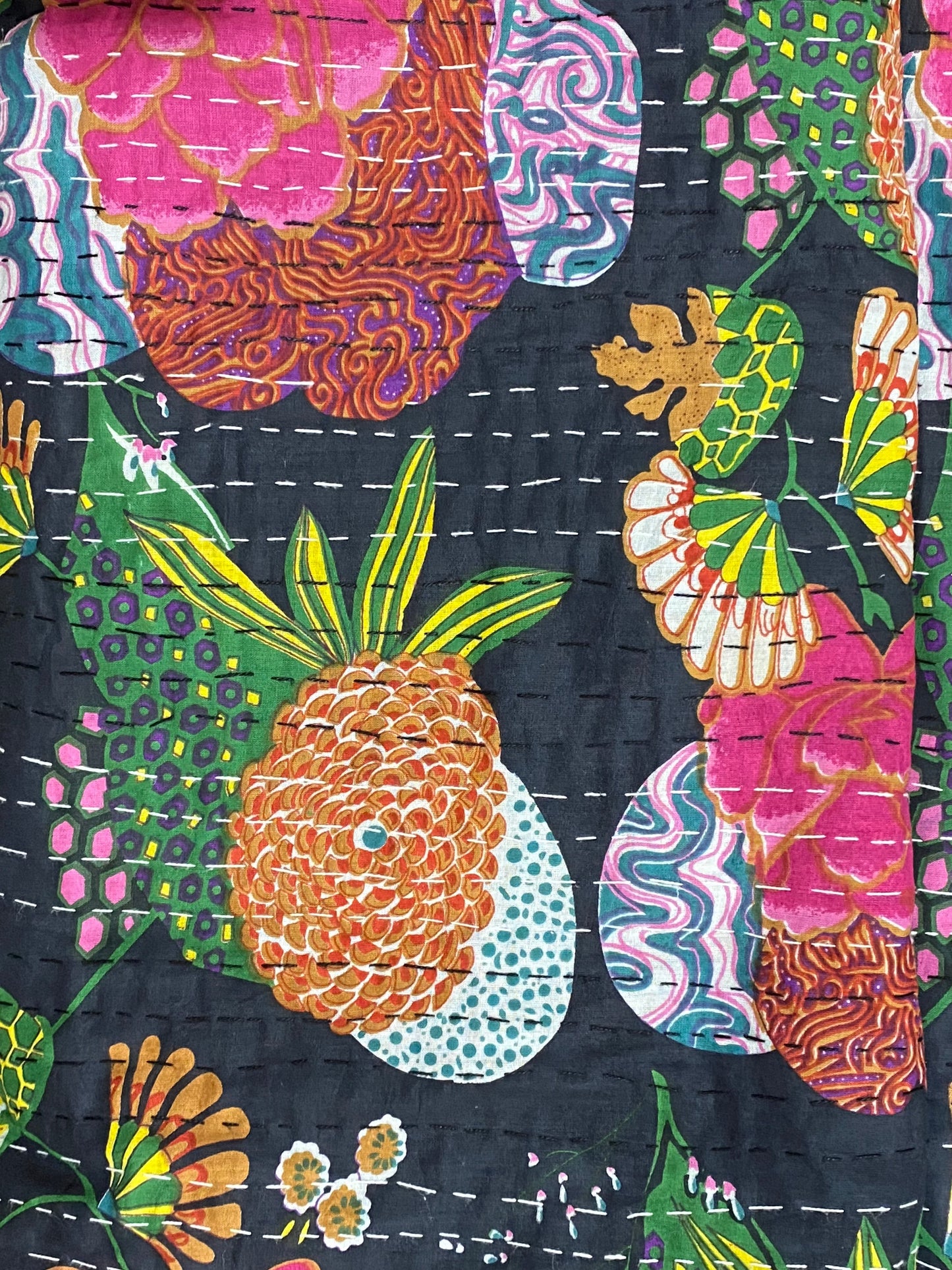 Handmade Indian Kantha Reversible Quilt Black Tea Garden Queen