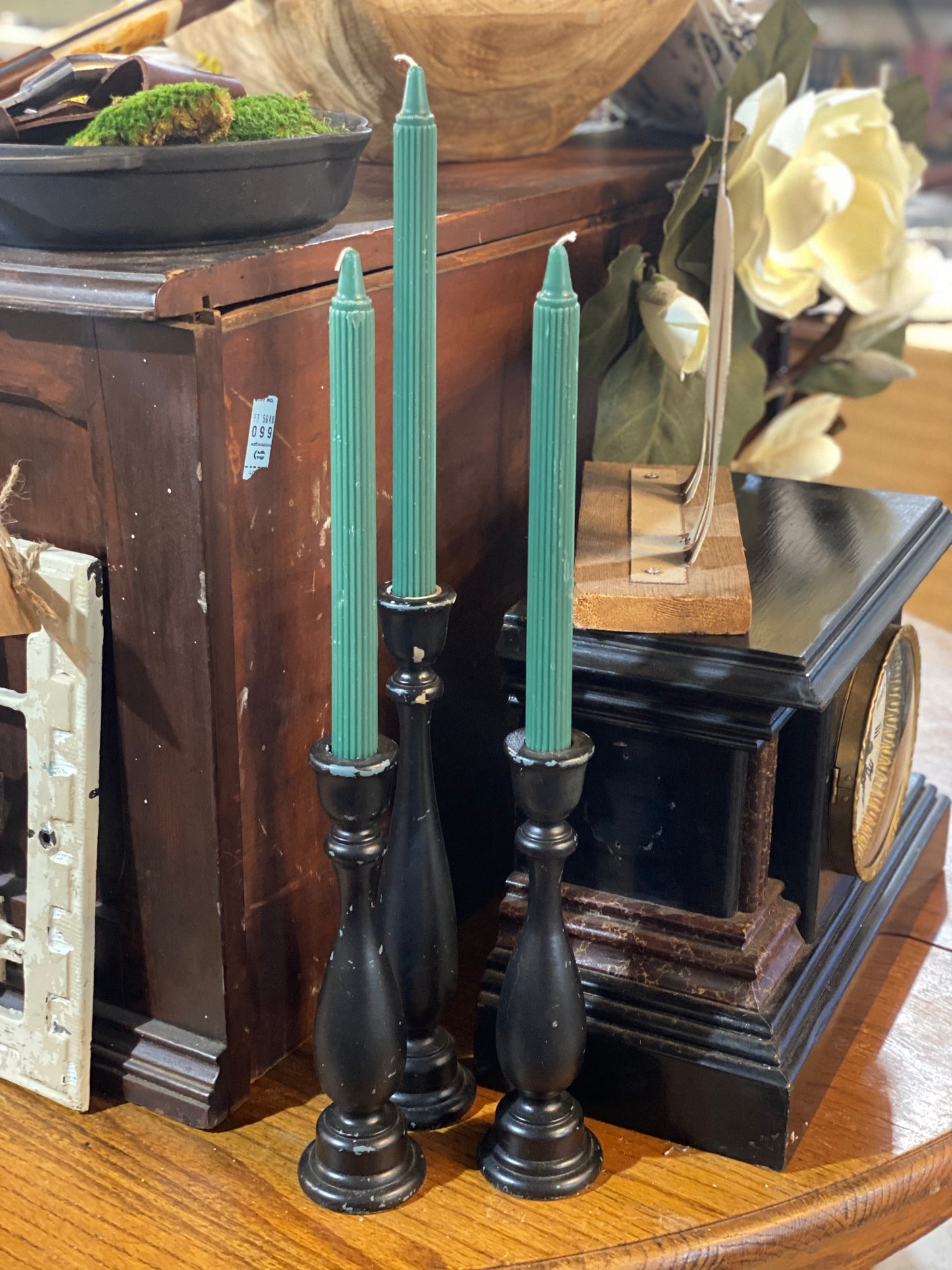 Set of 3 Wooden Chippy Black Candlesticks
