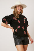 Sequin Champagne Bottle Puff Sleeve Top Fantastic Fawn