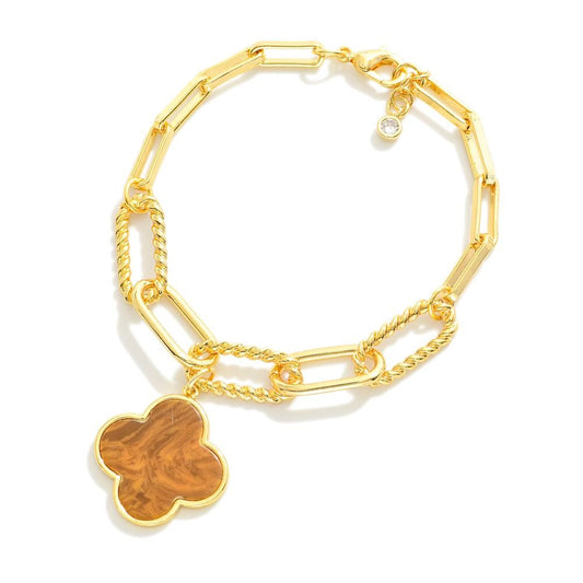 Gold Dipped Chain Link Bracelet Featuring Twisted Metal Links & Clover Charm