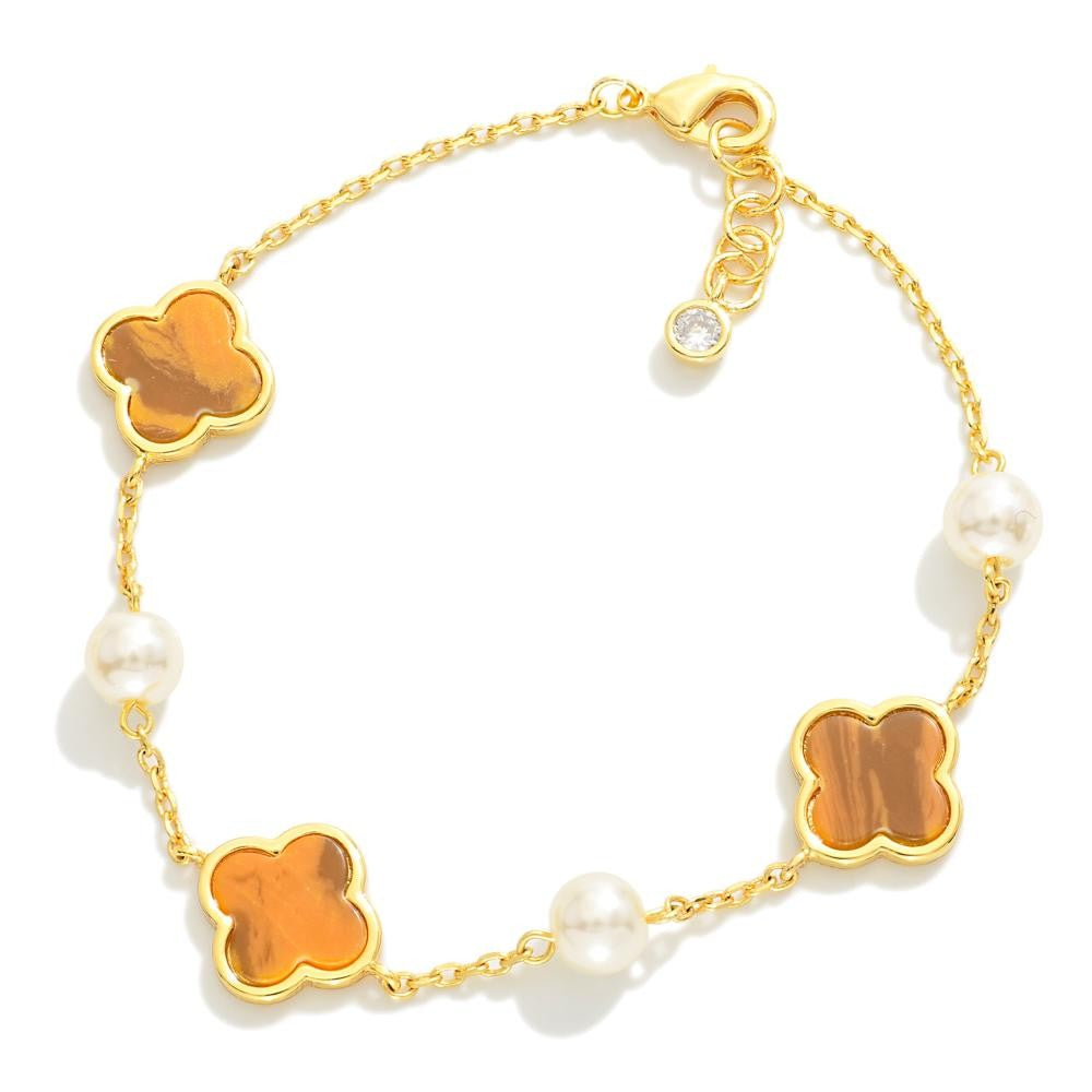 Gold Dipped Chain Link Bracelet Featuring Clover & Pearl Stations
