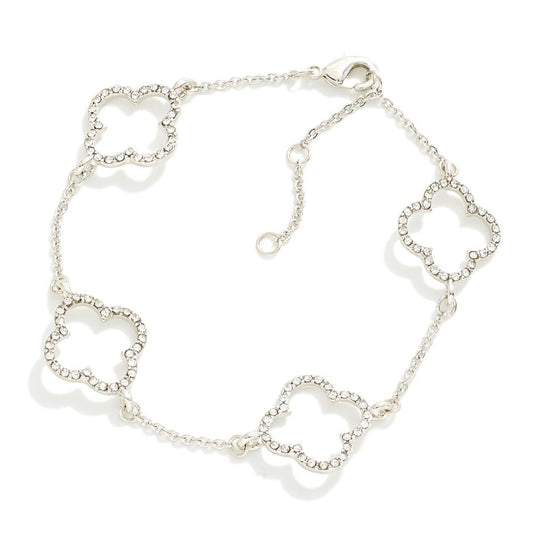 Chain Link Bracelet Featuring Rhinestone Clover Stations