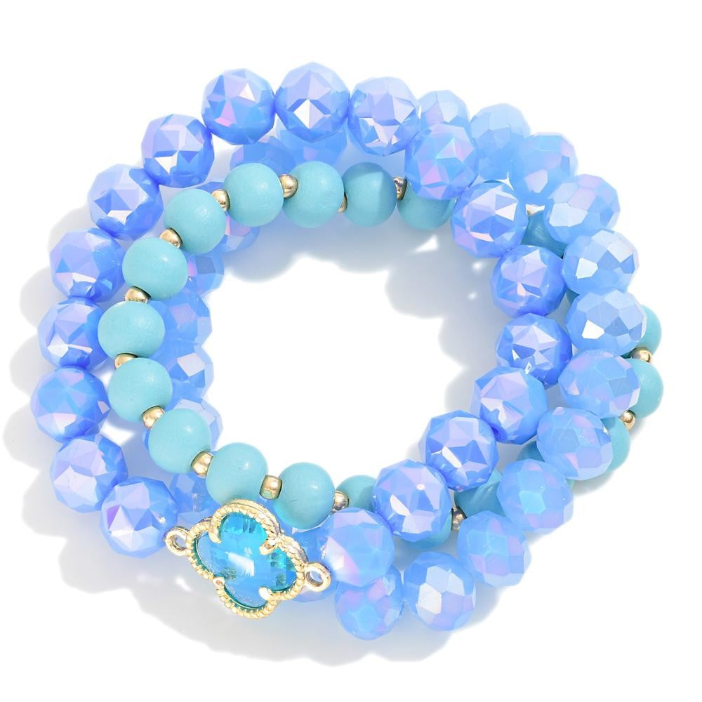 Set of Three Beaded Stretch Bracelets Featuring Clover Station