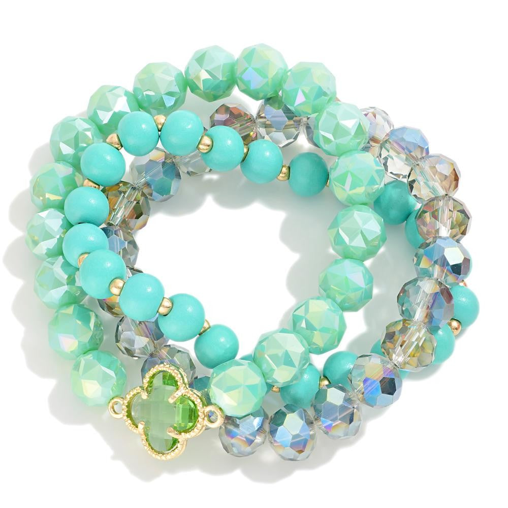Set of Three Beaded Stretch Bracelets Featuring Clover Station