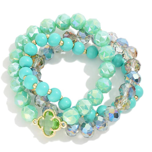 Set of Three Beaded Stretch Bracelets Featuring Clover Station