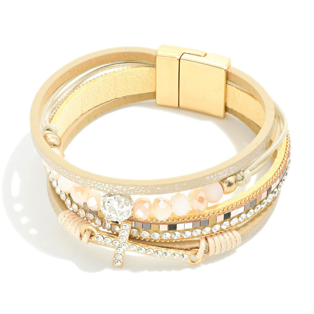 Layered Magnetic Bracelet Featuring Rhinestones, Beads, & Cross Station Beige