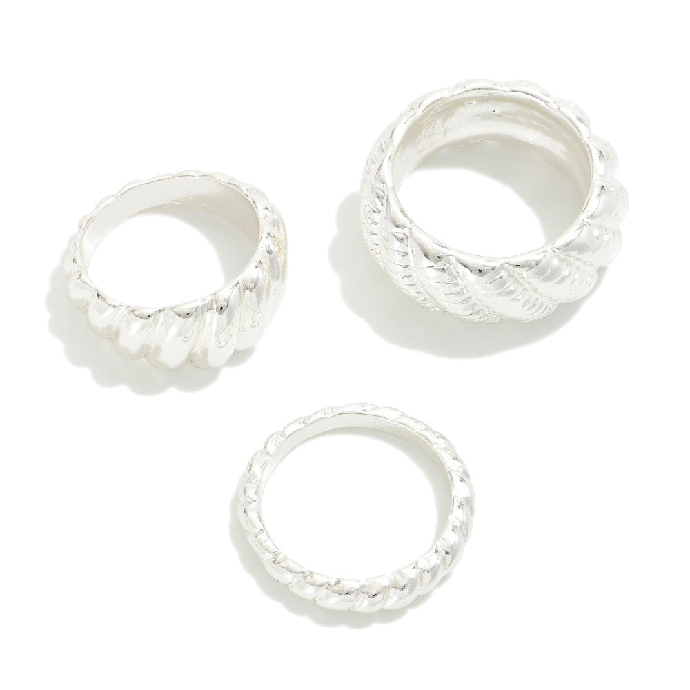 Set Of Three Twisted Metal Rings - Size 9 Silver