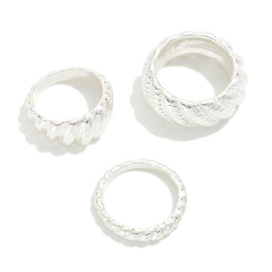 Set Of Three Twisted Metal Rings - Size 9 Silver