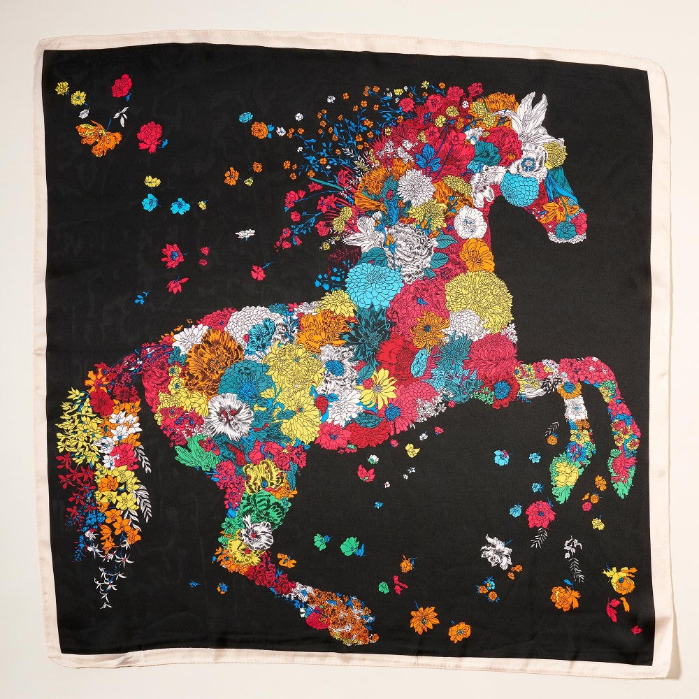 Floral Horse Print Scarf Bandana- Multi-Use: Scarf, Bandana Black Black